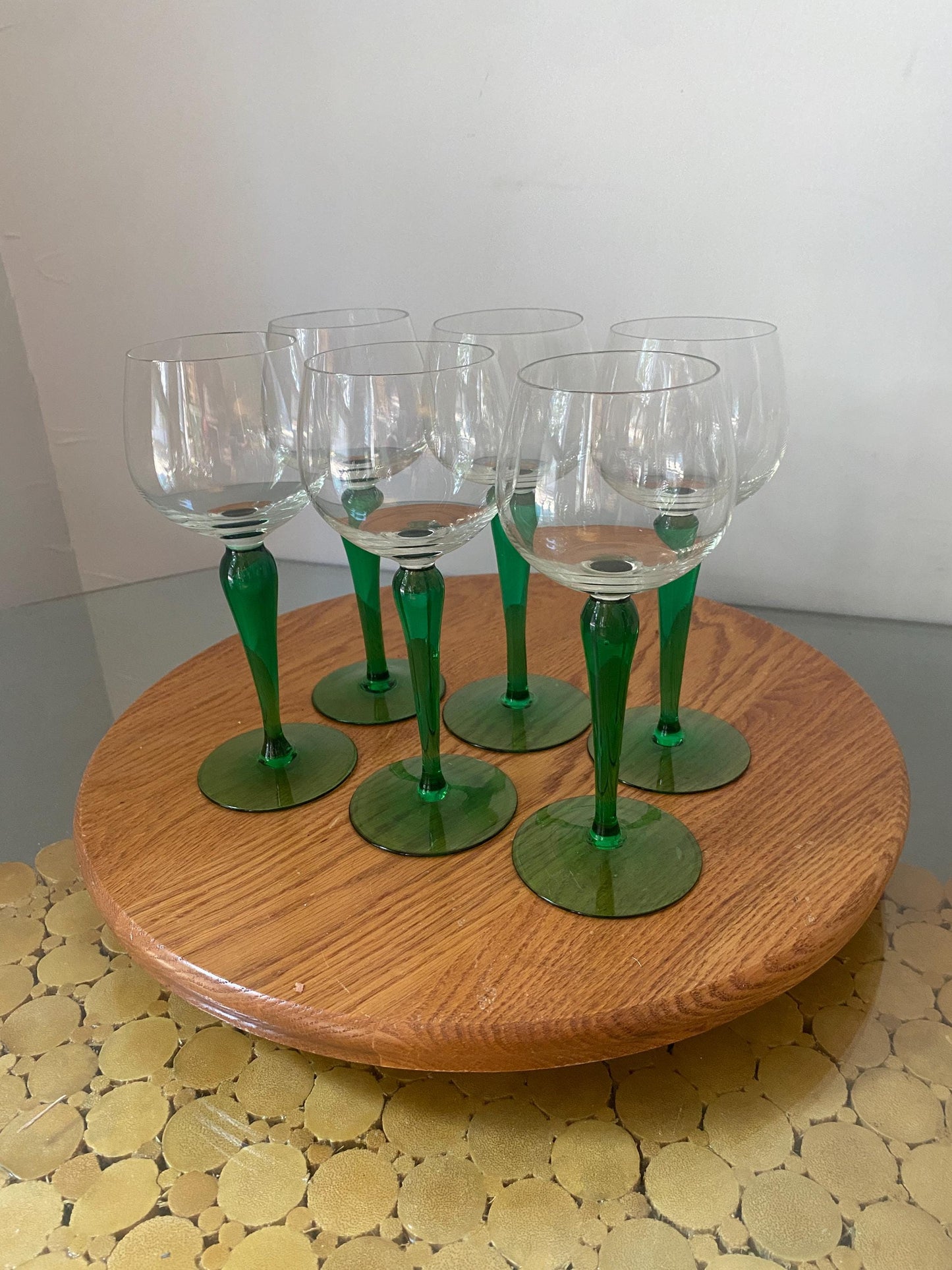 Set of 6 Vintage Green Stem Wine Glasses
