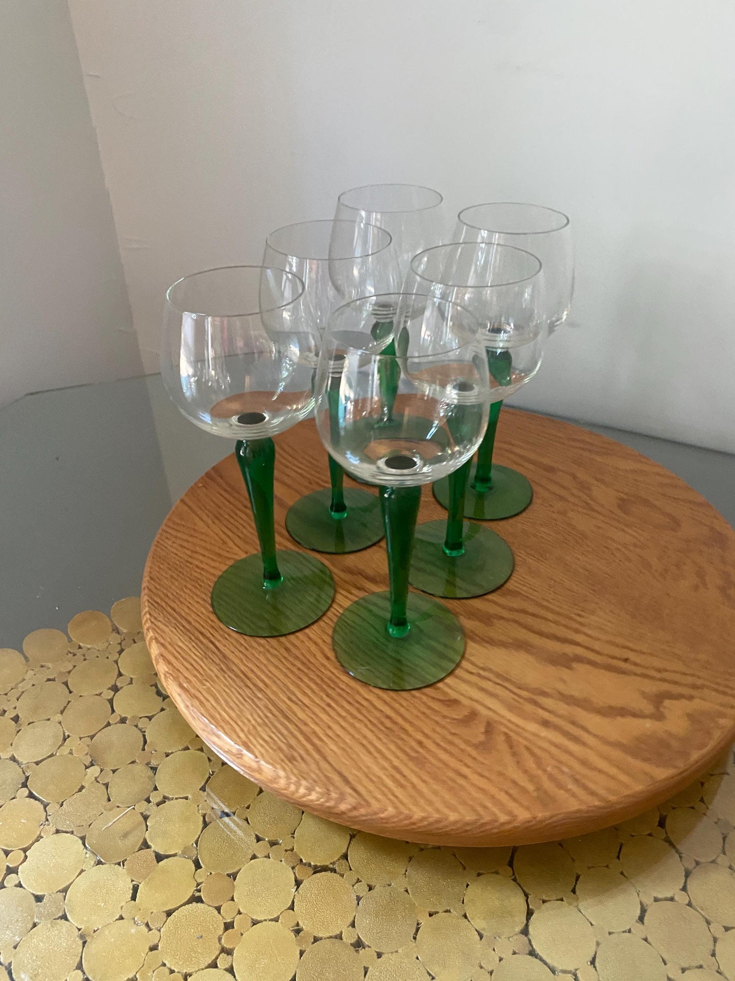 Set of 6 Vintage Green Stem Wine Glasses