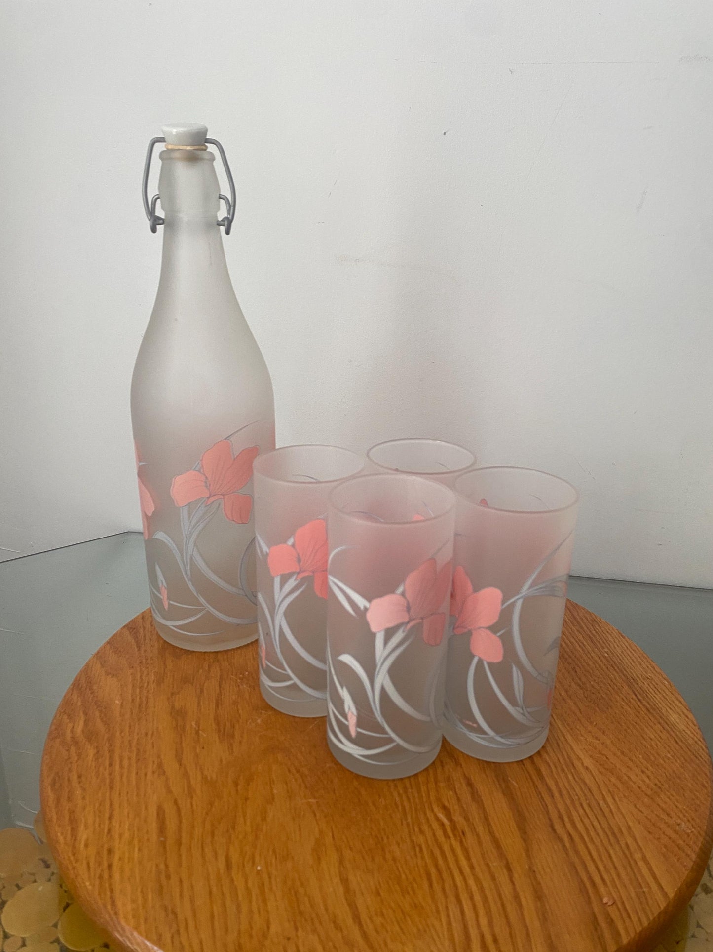 Vintage Cerve Italian Pastel Irises Frosted Glass Bottle with Matching 4 Tumblers