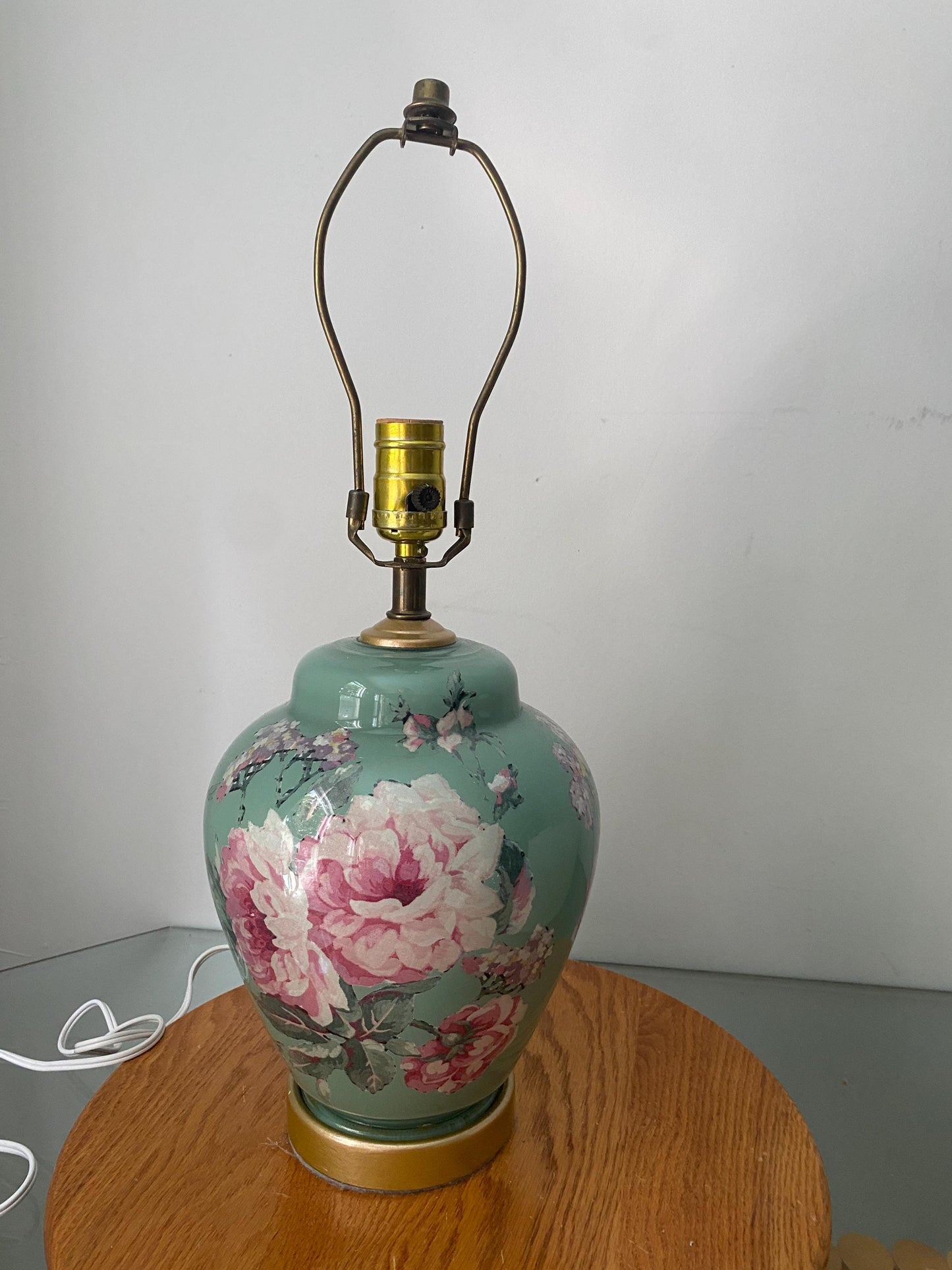 Vintage Medium Sage Green Ginger Jar Table Lamp with Floral Detail No Shade