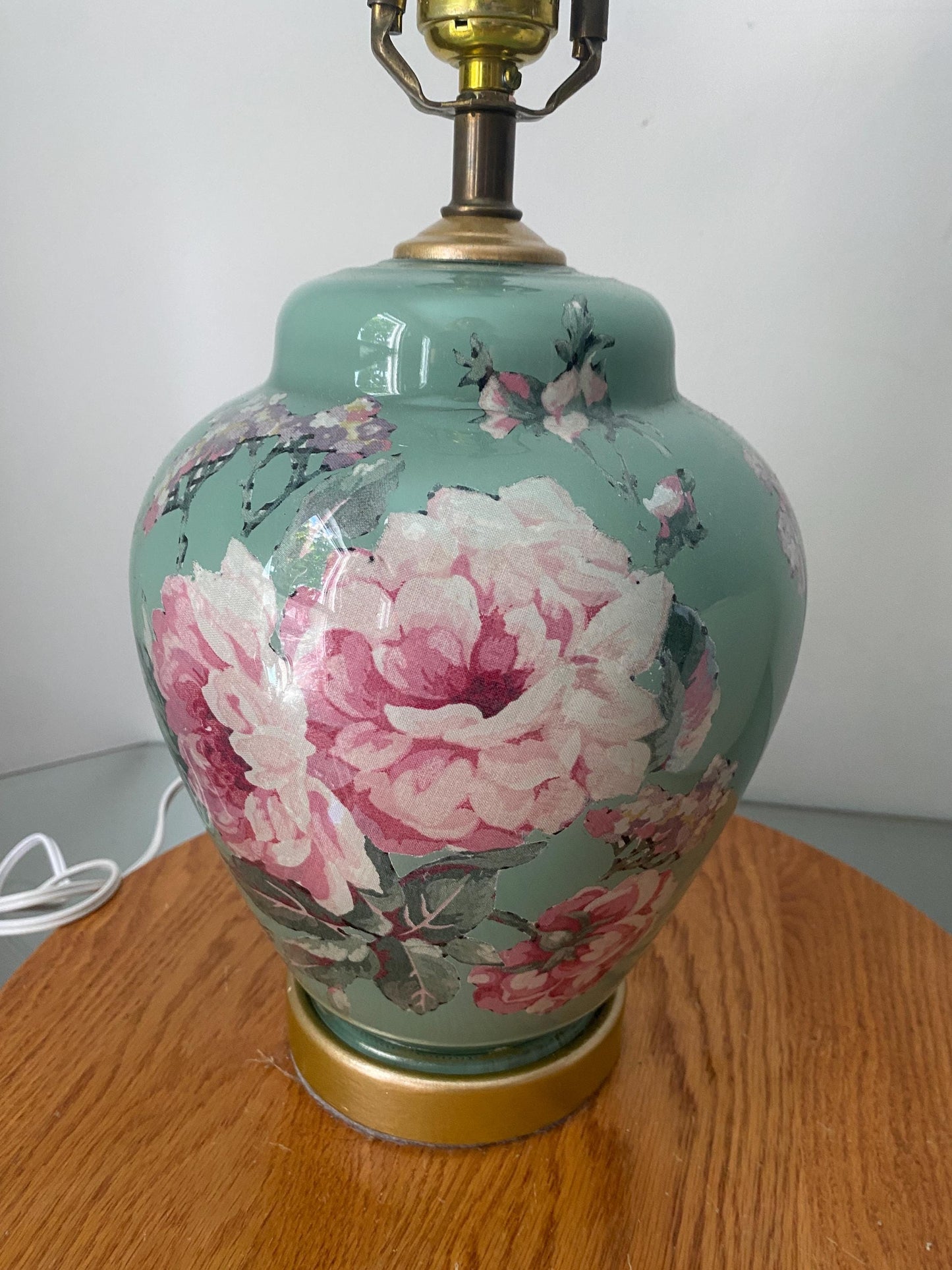 Vintage Medium Sage Green Ginger Jar Table Lamp with Floral Detail No Shade