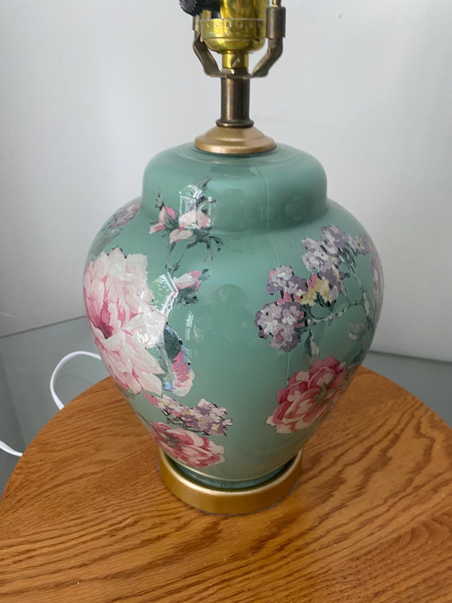 Vintage Medium Sage Green Ginger Jar Table Lamp with Floral Detail No Shade