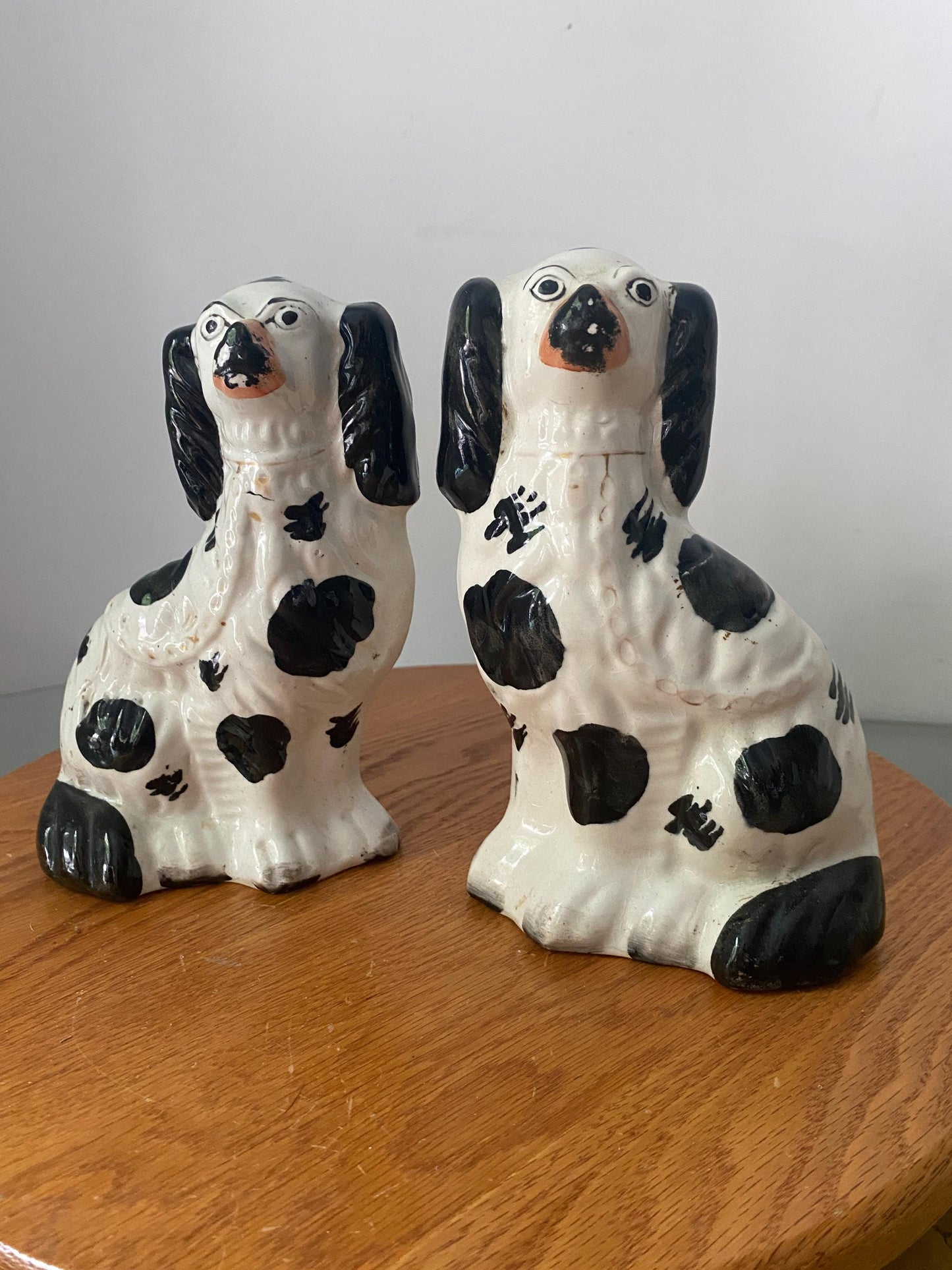 Pair of Antique Black and White Spaniel Dog 7-1/4" Tall