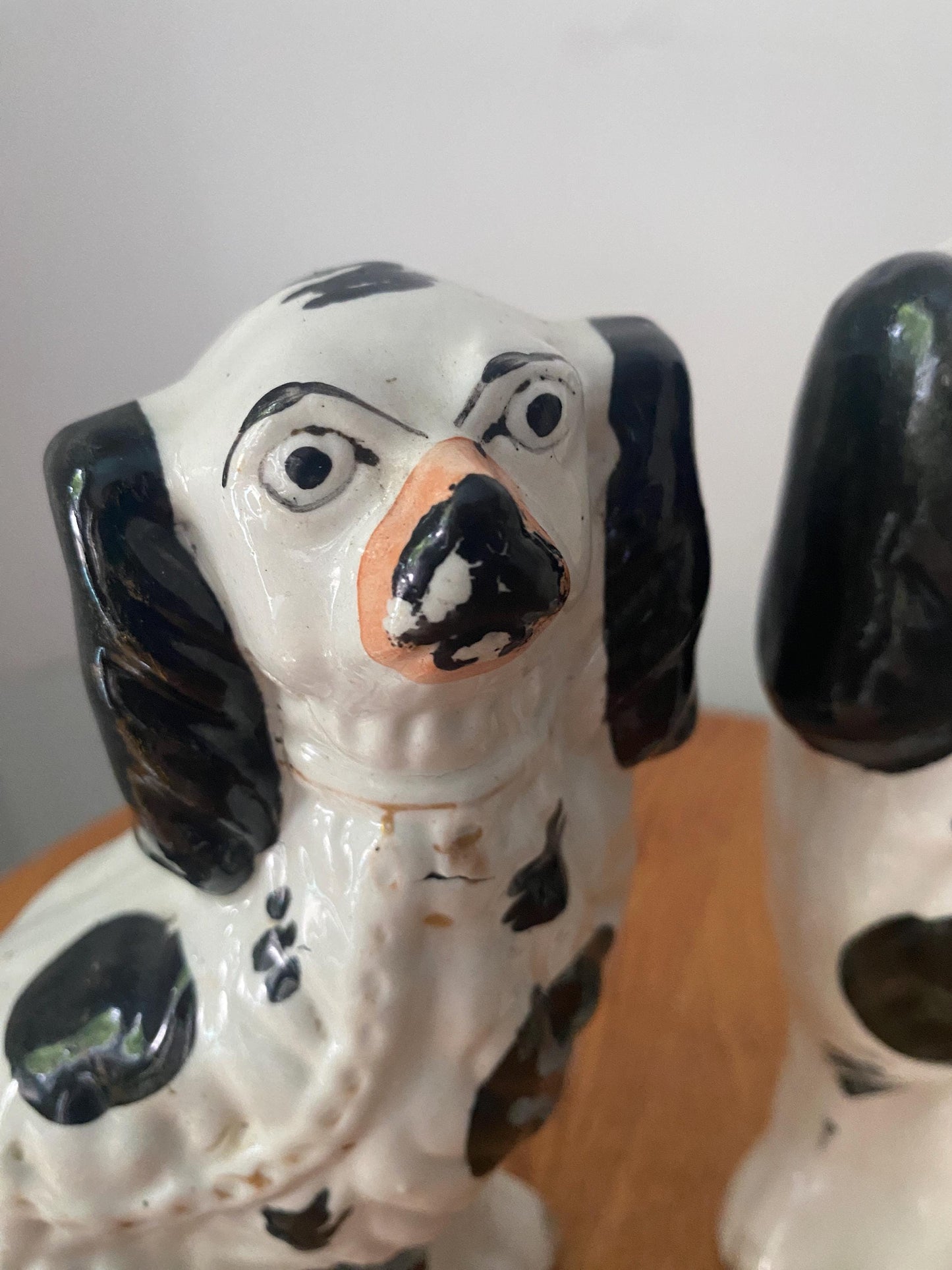 Pair of Antique Black and White Spaniel Dog 7-1/4" Tall