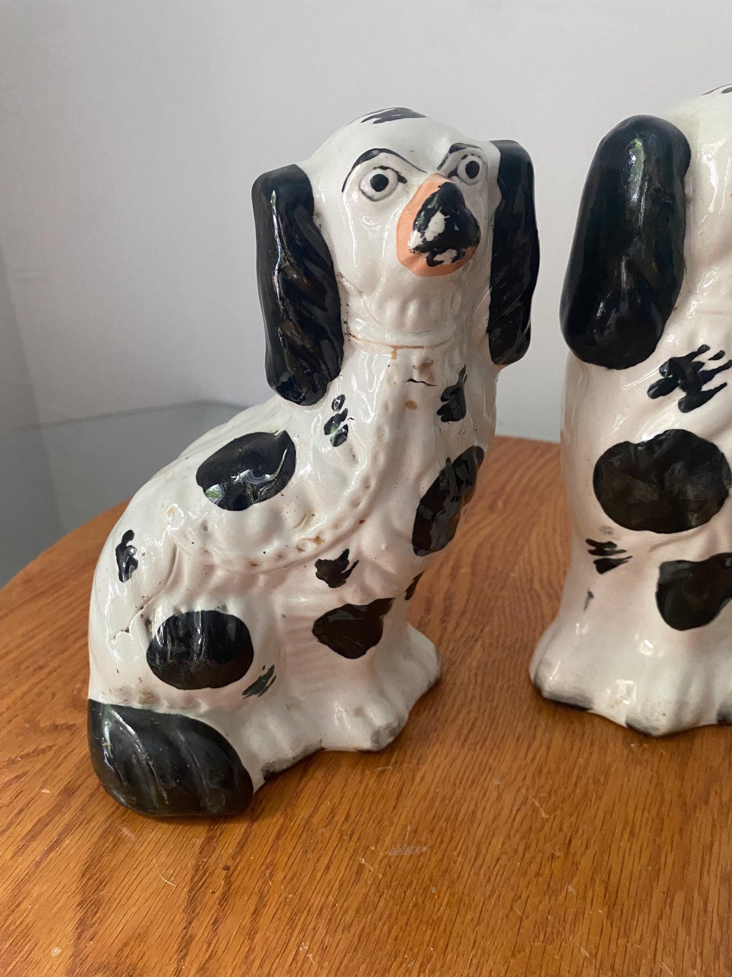 Pair of Antique Black and White Spaniel Dog 7-1/4" Tall
