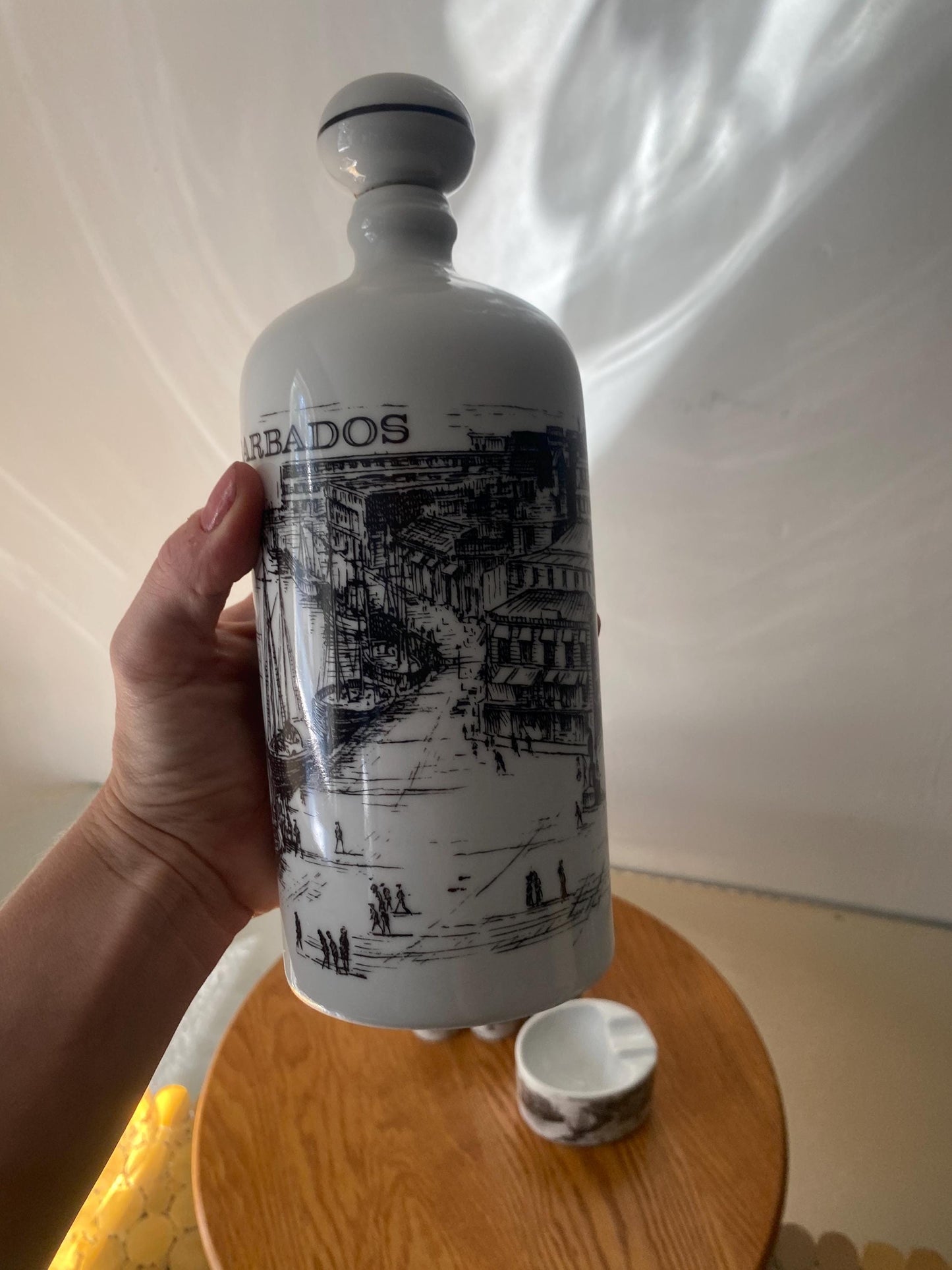 Vintage Black and White Barbados Ceramic Decanter with 6 Shot Glasses and Ashtray