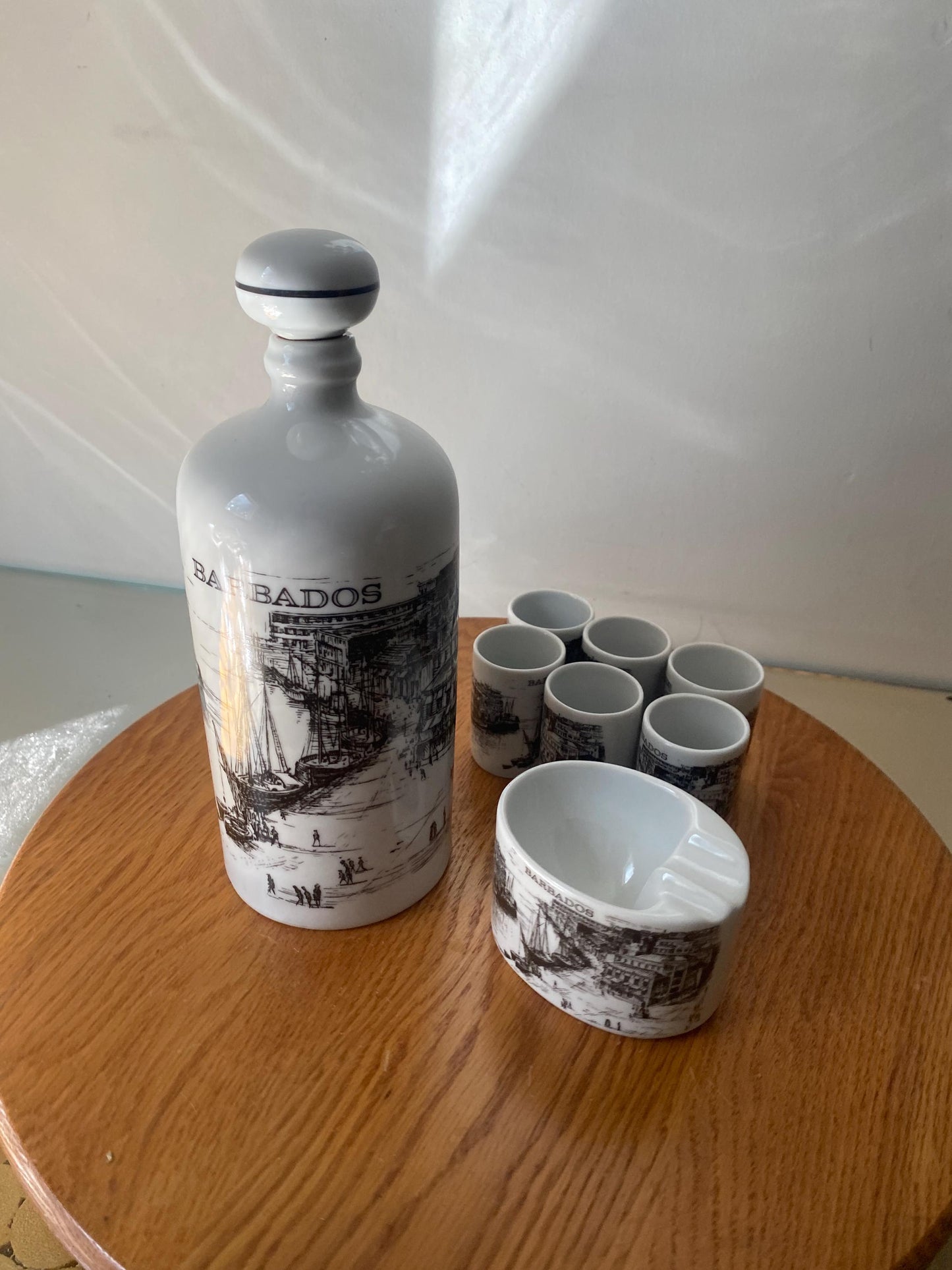 Vintage Black and White Barbados Ceramic Decanter with 6 Shot Glasses and Ashtray