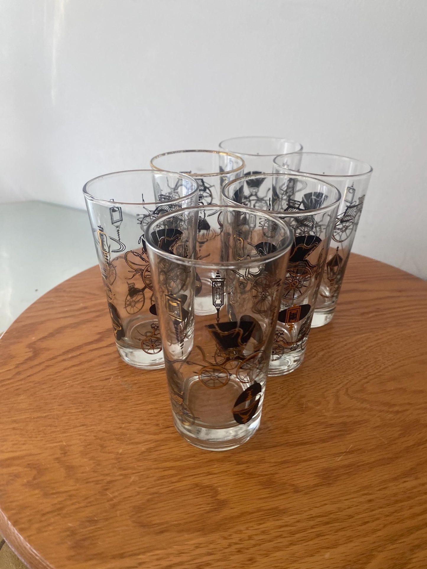 MCM Set of 6  Black and Gold Dominion Company Carriage Glass Tumblers