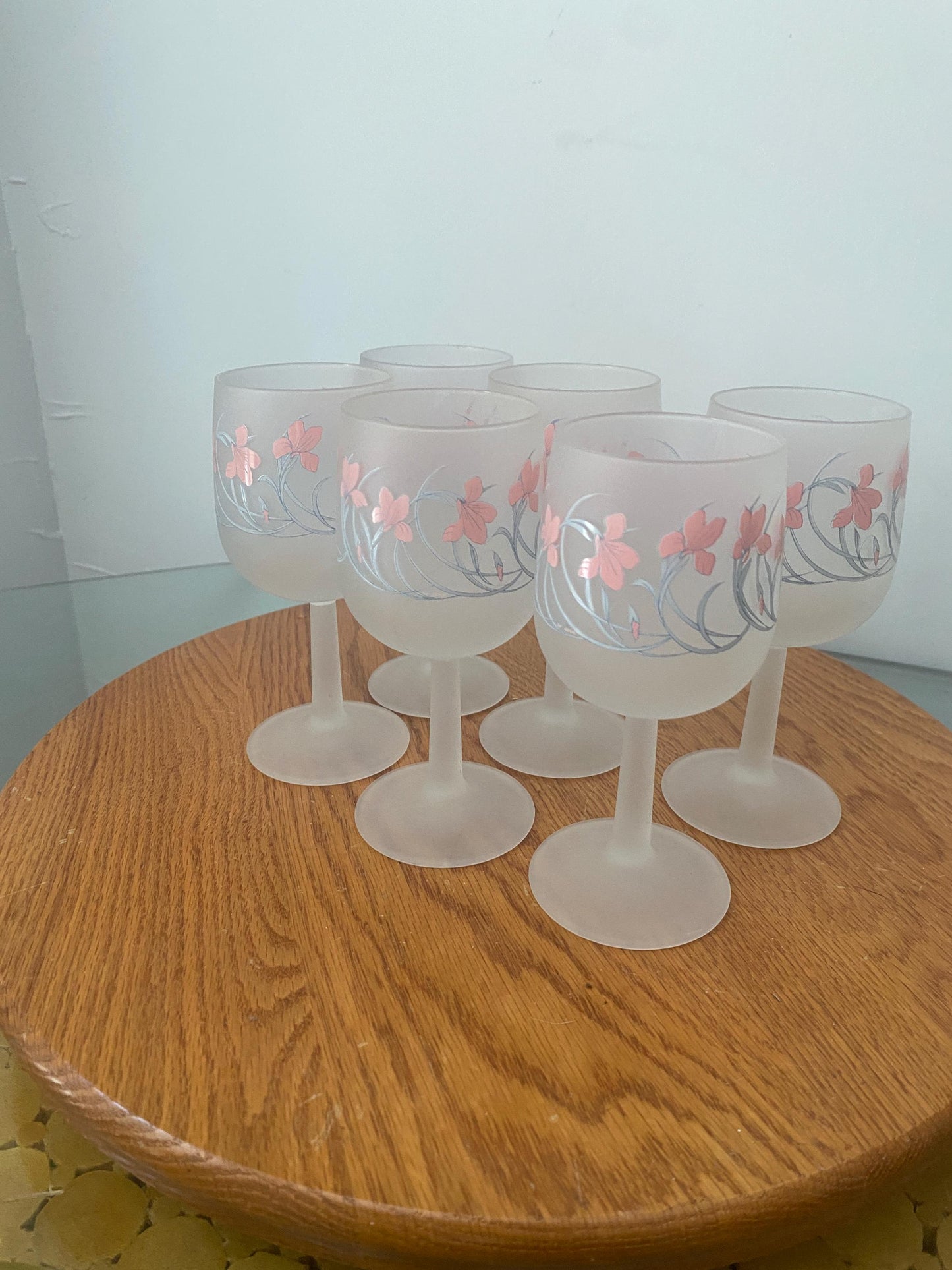Set of 6 Retro Cerve Frosted Pink Iris Wine Glasses