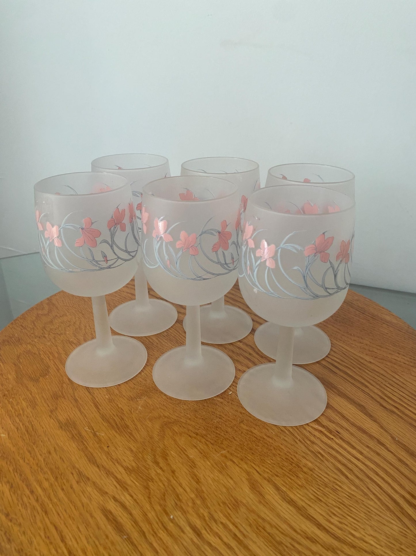 Set of 6 Retro Cerve Frosted Pink Iris Wine Glasses