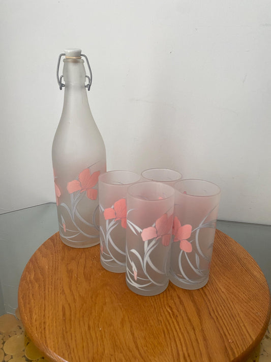 Vintage Cerve Italian Pastel Irises Frosted Glass Bottle with Matching 4 Tumblers