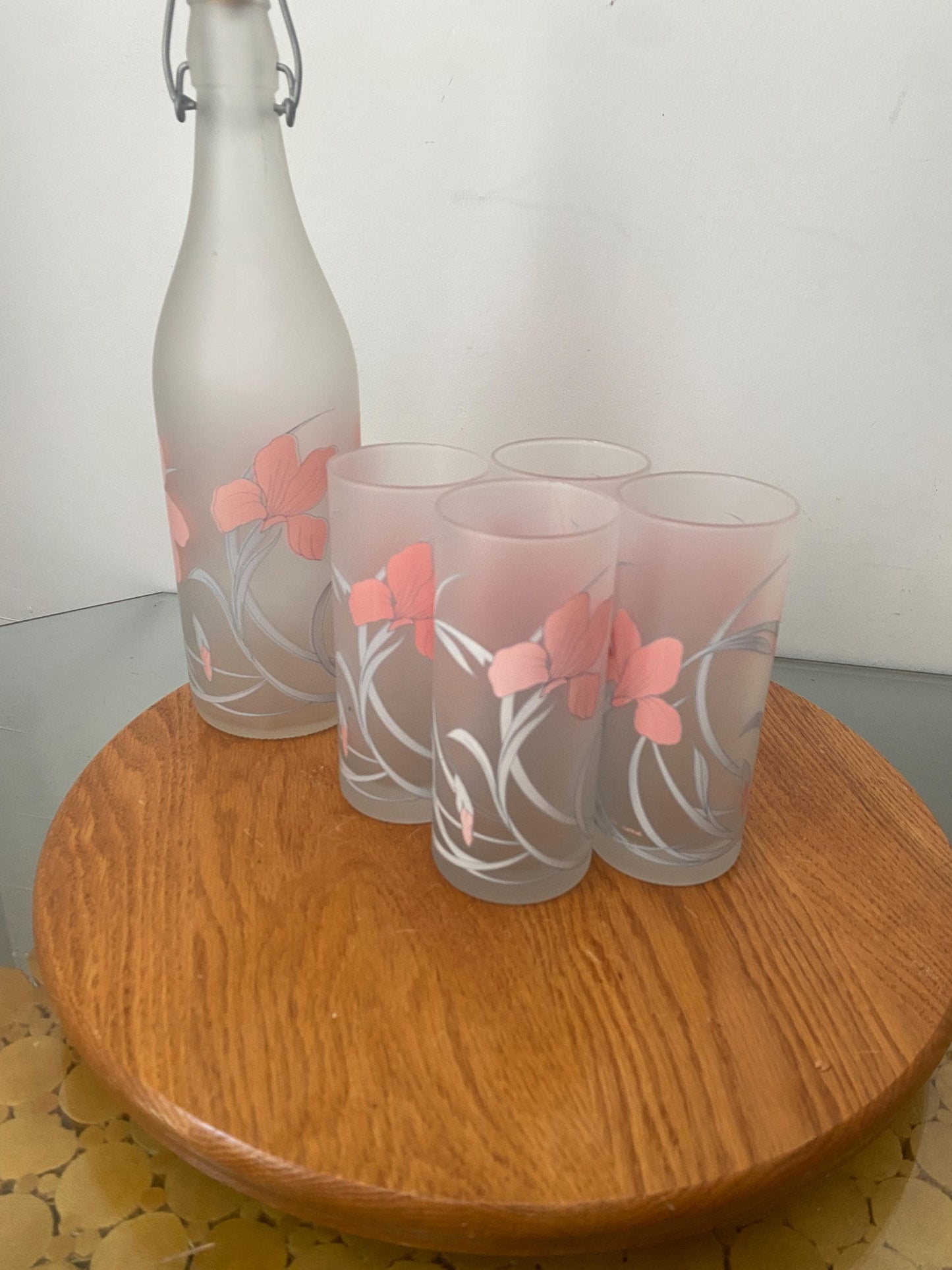 Vintage Cerve Italian Pastel Irises Frosted Glass Bottle with Matching 4 Tumblers