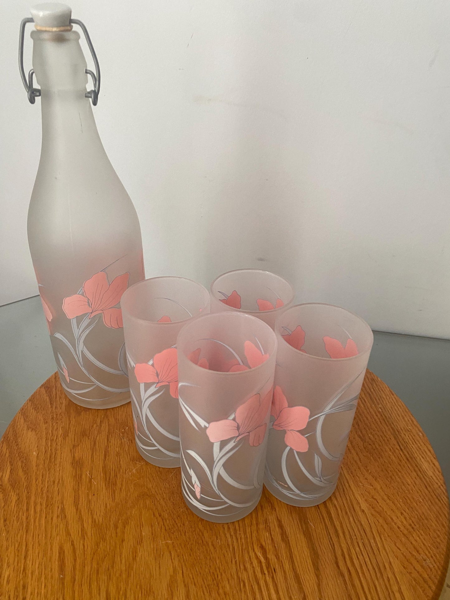 Vintage Cerve Italian Pastel Irises Frosted Glass Bottle with Matching 4 Tumblers