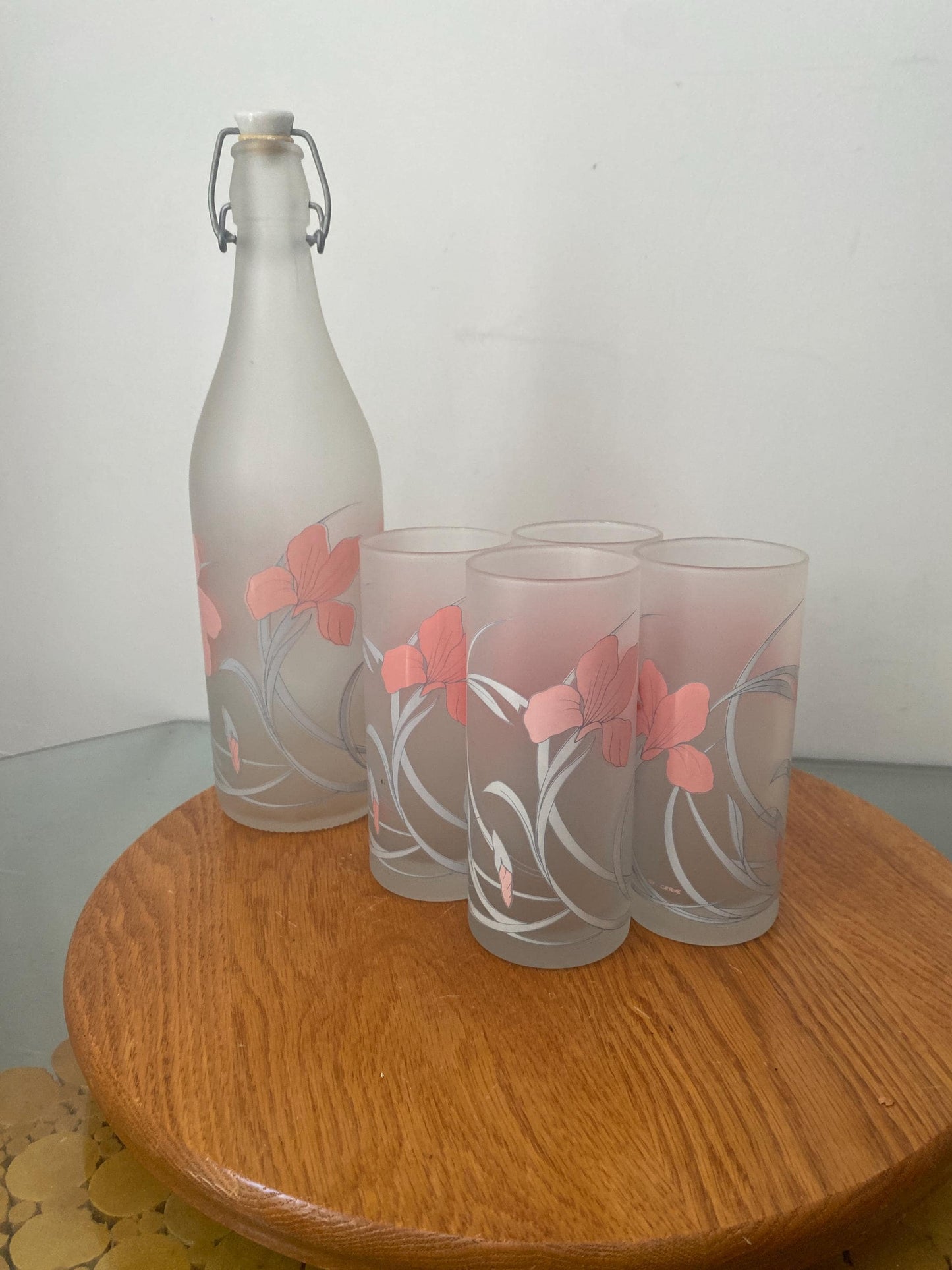 Vintage Cerve Italian Pastel Irises Frosted Glass Bottle with Matching 4 Tumblers
