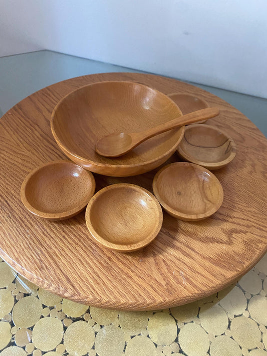 Vintage Maple Wood Condiment Bowl with 6 Mini Bowls and Spoon
