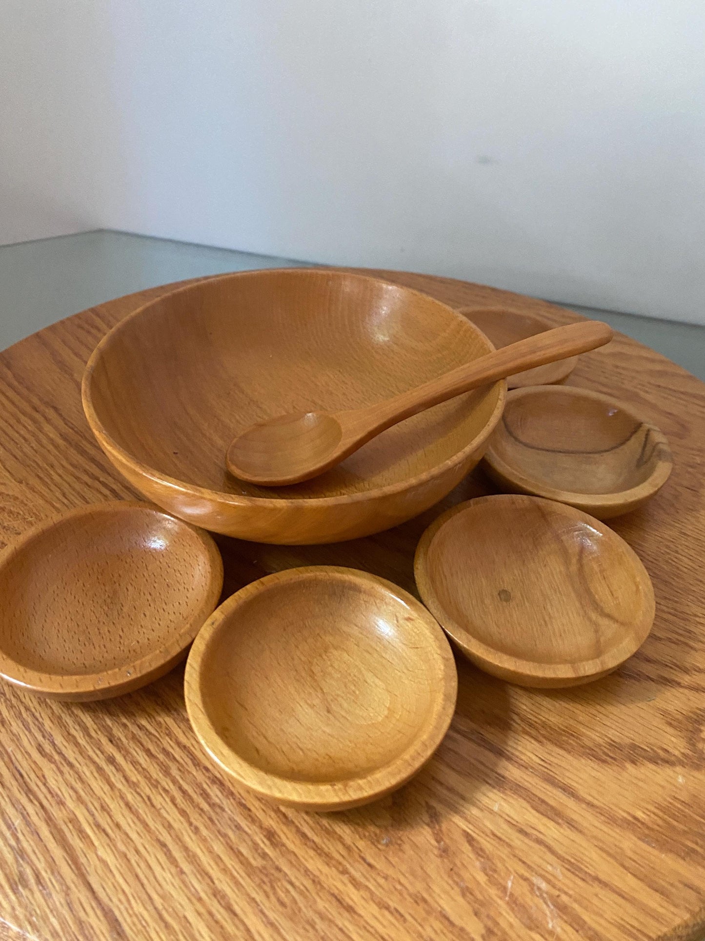Vintage Maple Wood Condiment Bowl with 6 Mini Bowls and Spoon