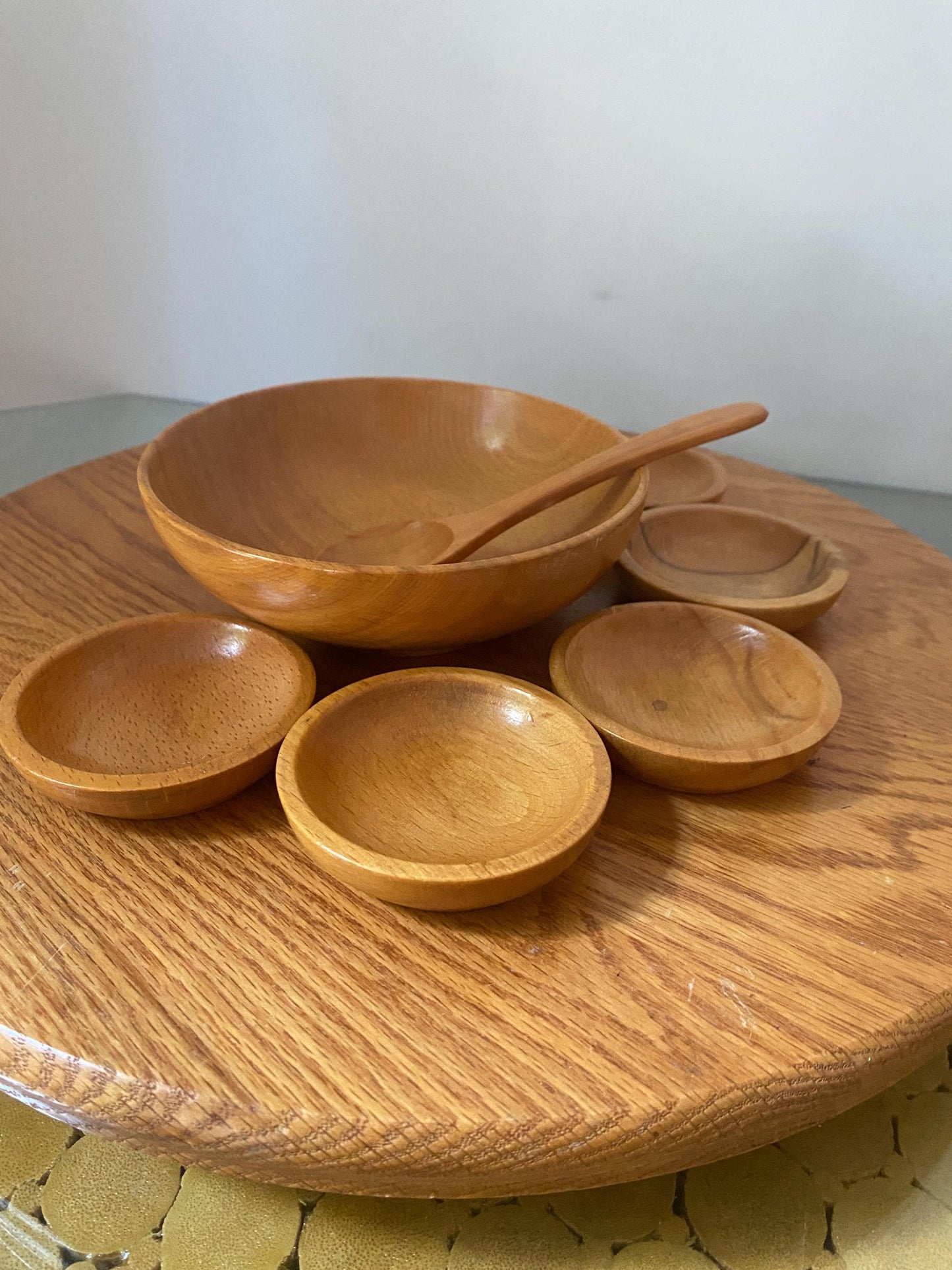 Vintage Maple Wood Condiment Bowl with 6 Mini Bowls and Spoon