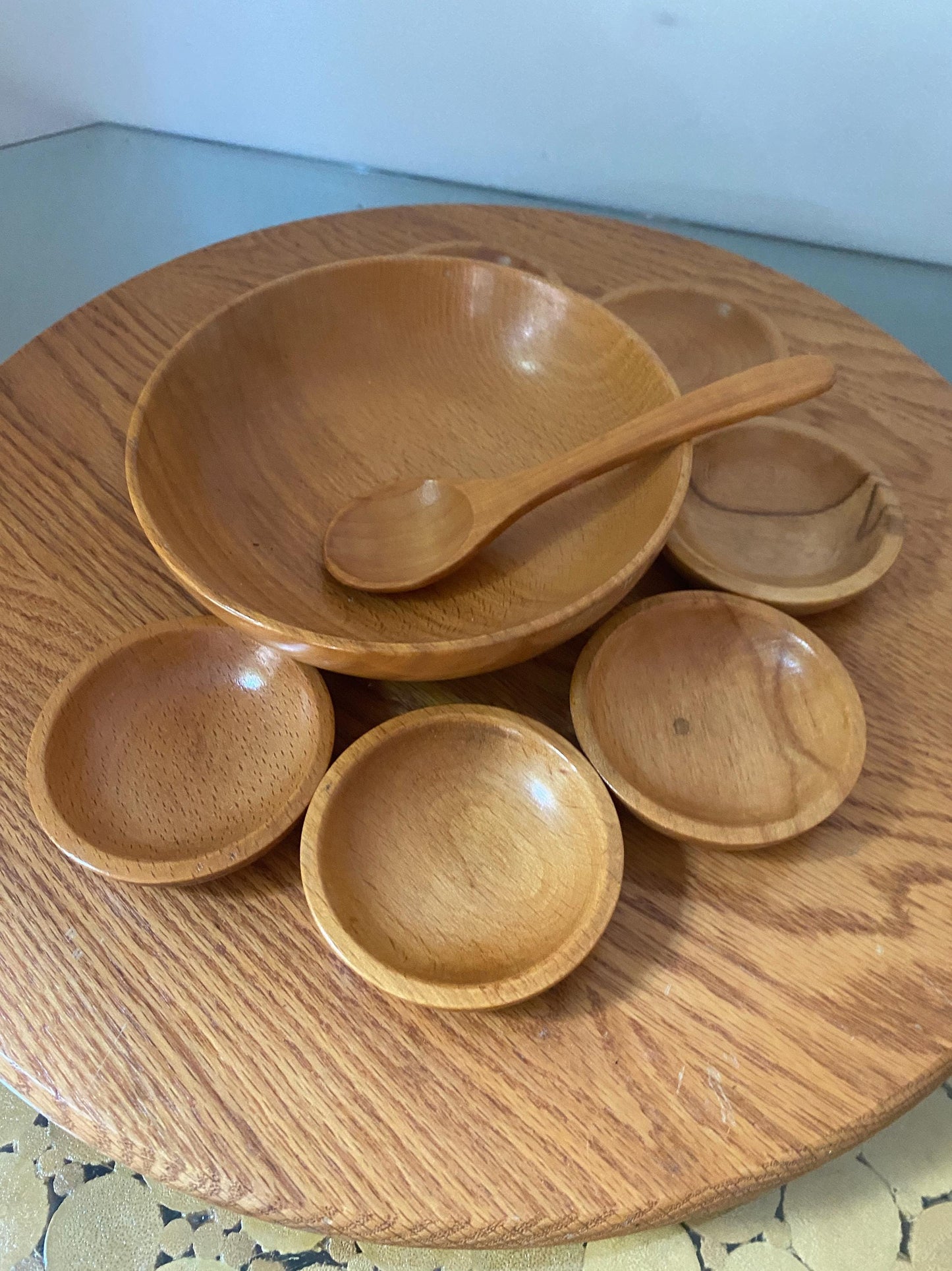 Vintage Maple Wood Condiment Bowl with 6 Mini Bowls and Spoon