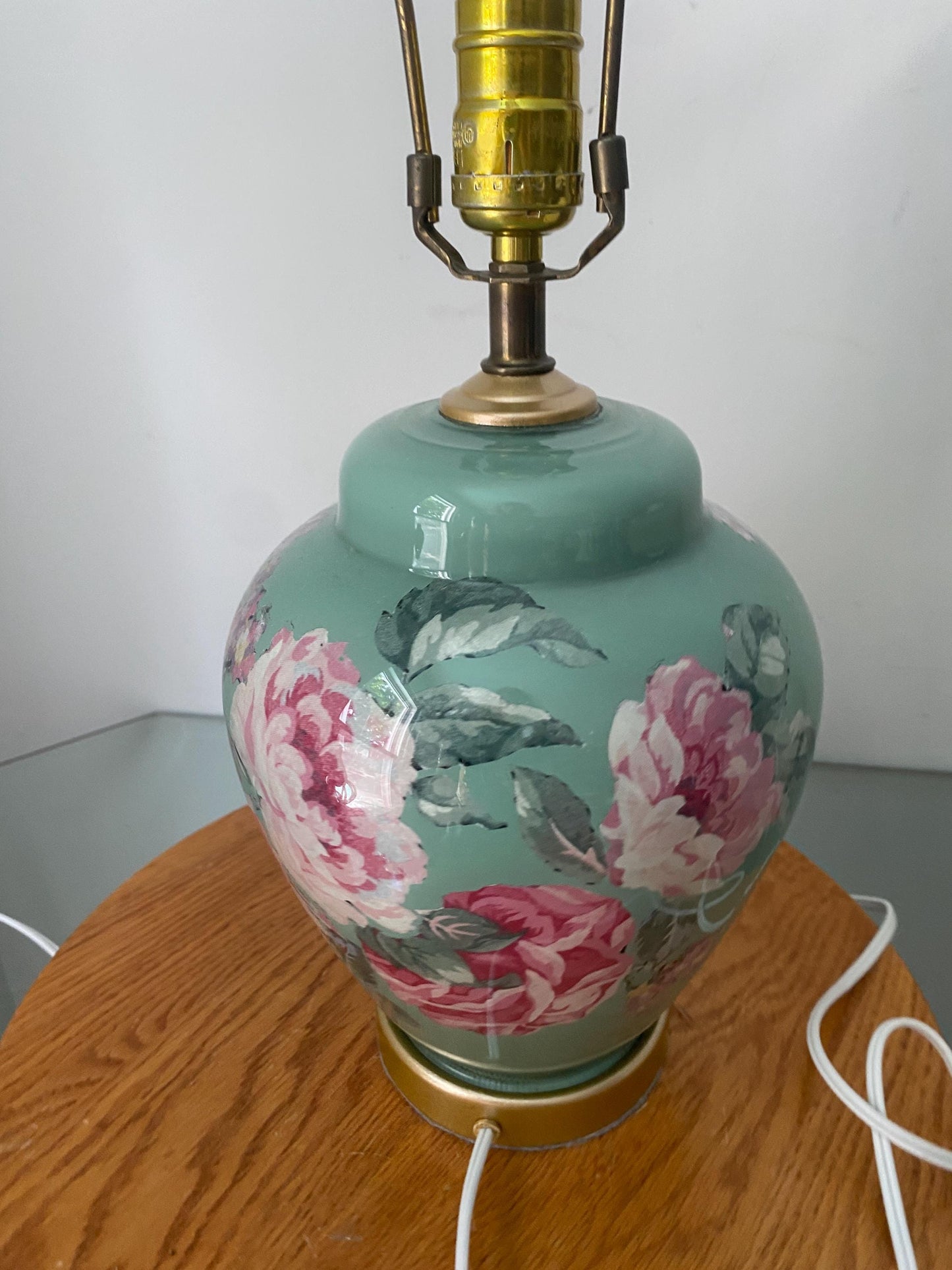 Vintage Medium Sage Green Ginger Jar Table Lamp with Floral Detail No Shade