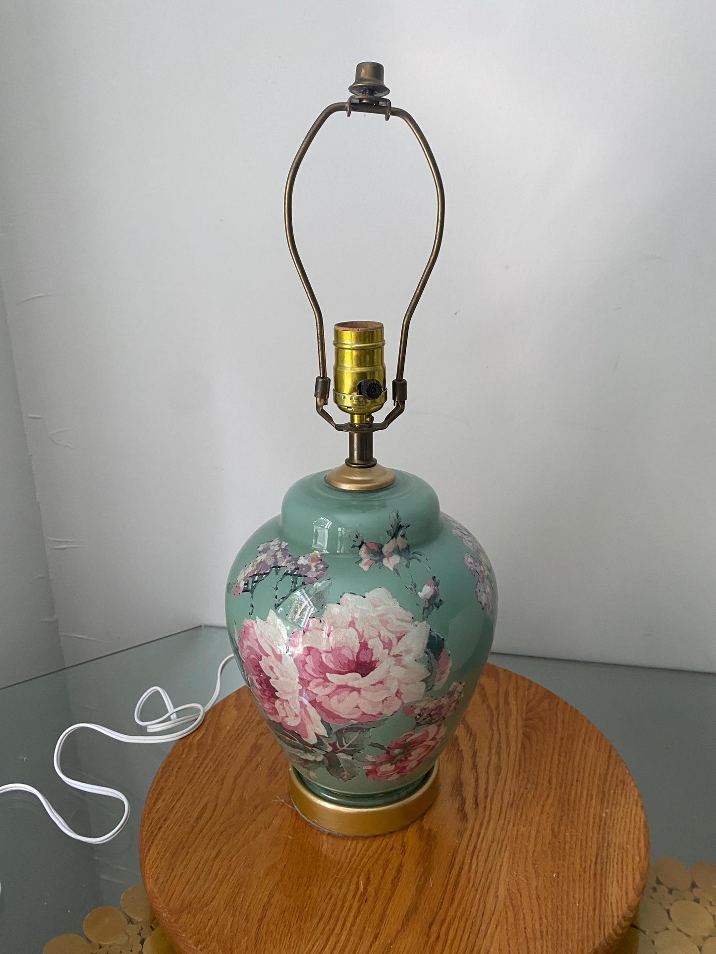Vintage Medium Sage Green Ginger Jar Table Lamp with Floral Detail No Shade