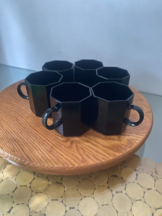 Set of 6 Retro Arocoroc Octagonal Black Glass Espresso Mugs Made in France