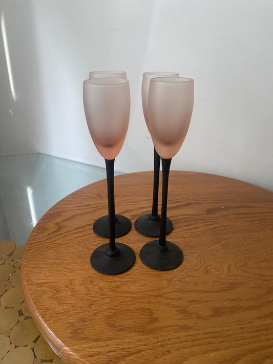Vintage Set of 4 Gemin Trudeau Tall Frosted Black Stem Liqueur Glasses with Pink Bowl Made in Canada