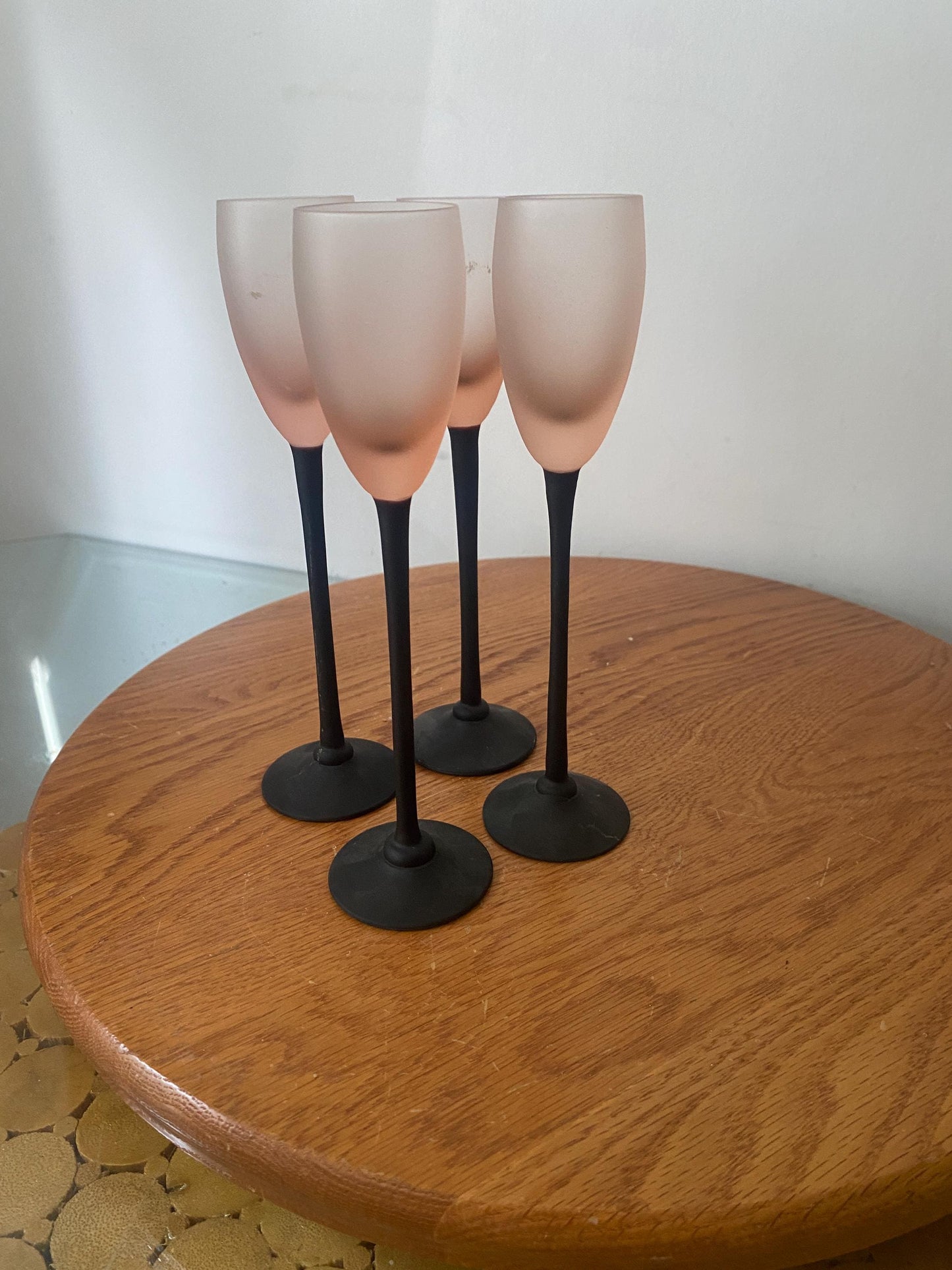 Vintage Set of 4 Gemin Trudeau Tall Frosted Black Stem Liqueur Glasses with Pink Bowl Made in Canada