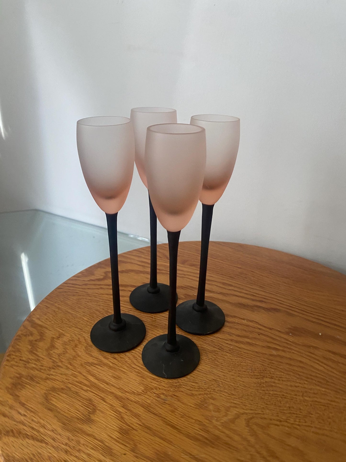 Vintage Set of 4 Gemin Trudeau Tall Frosted Black Stem Liqueur Glasses with Pink Bowl Made in Canada