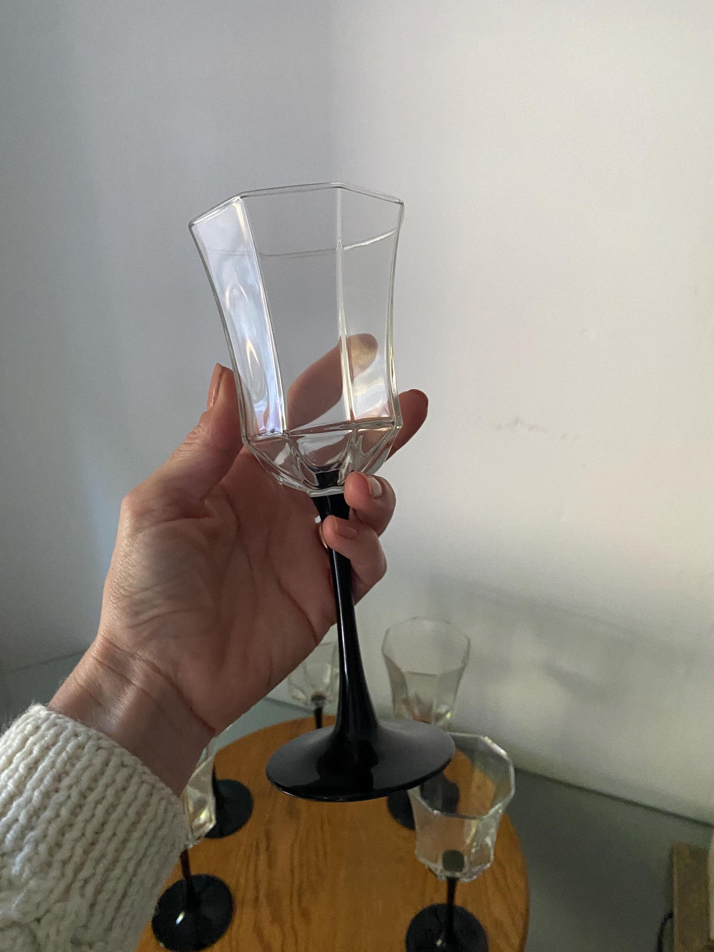 Vintage Set of 6 Black Stem Wine Glasses