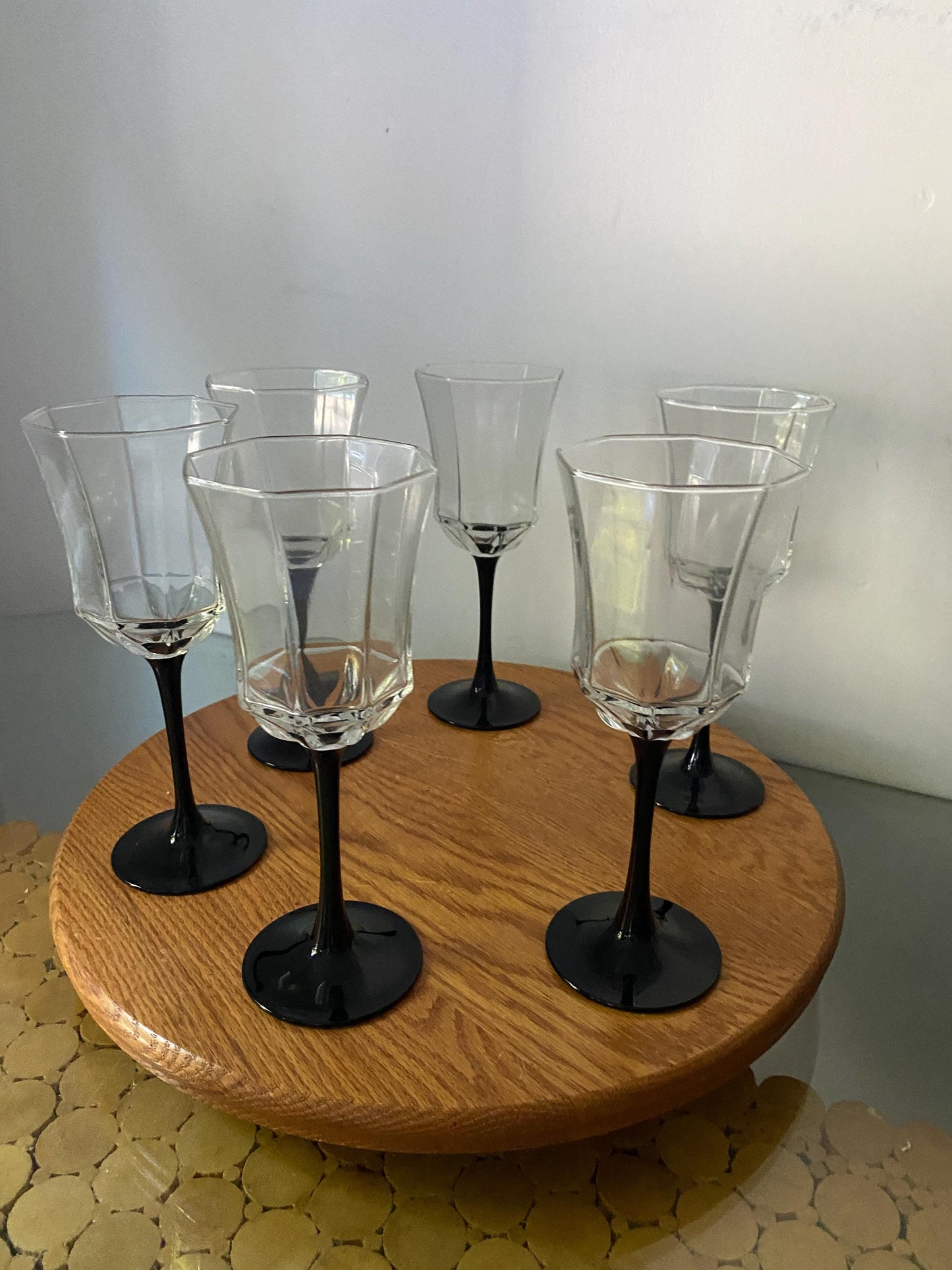 Vintage Set of 6 Black Stem Wine Glasses