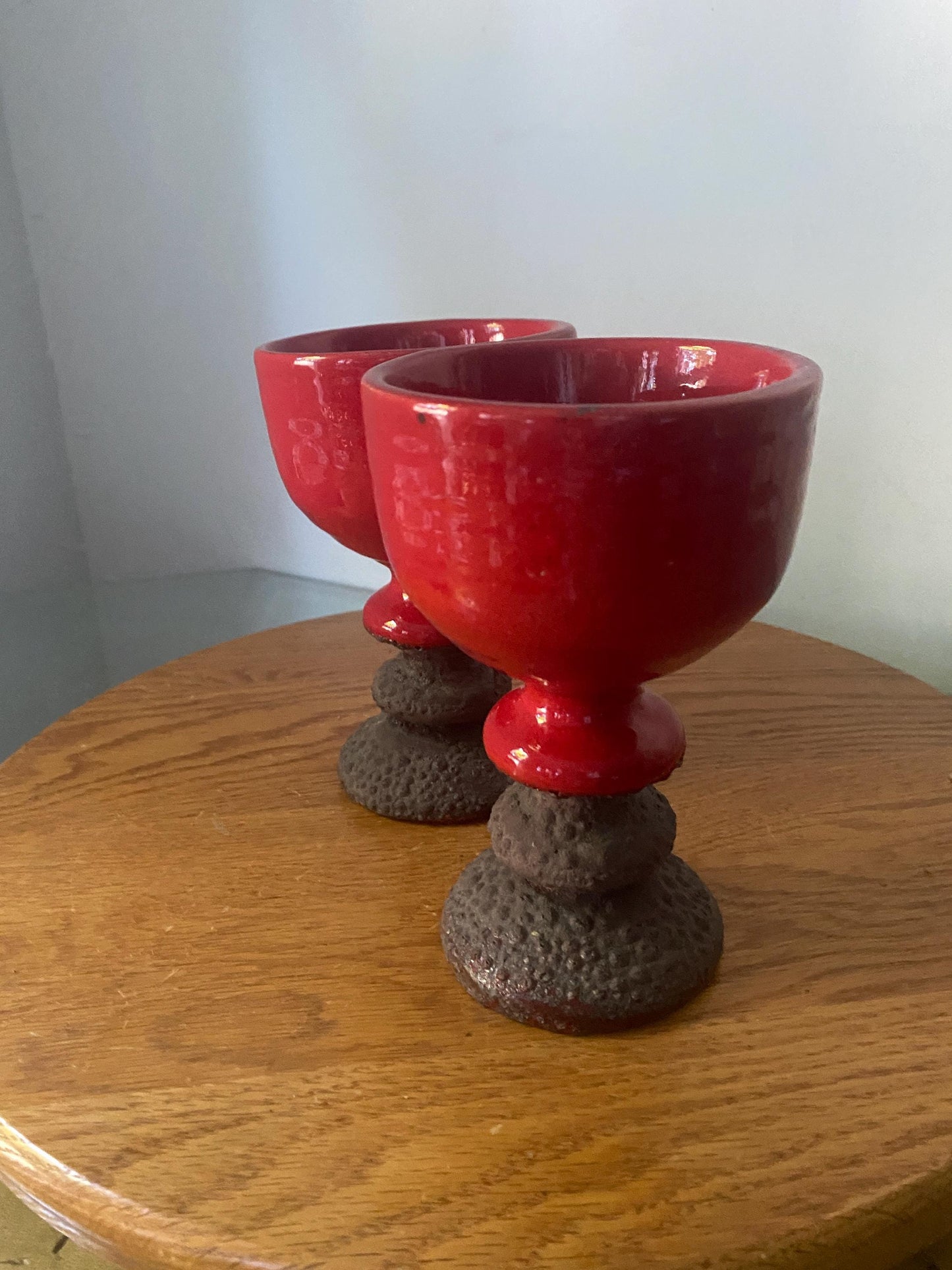 Set of 2 Handmade Vintage Bright Red Pottery Goblets Brown Lava Glaze Base