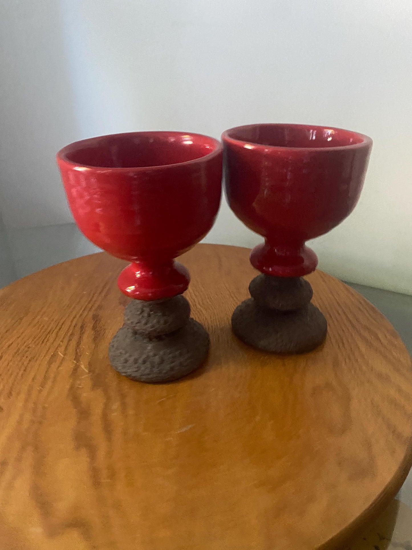 Set of 2 Handmade Vintage Bright Red Pottery Goblets Brown Lava Glaze Base