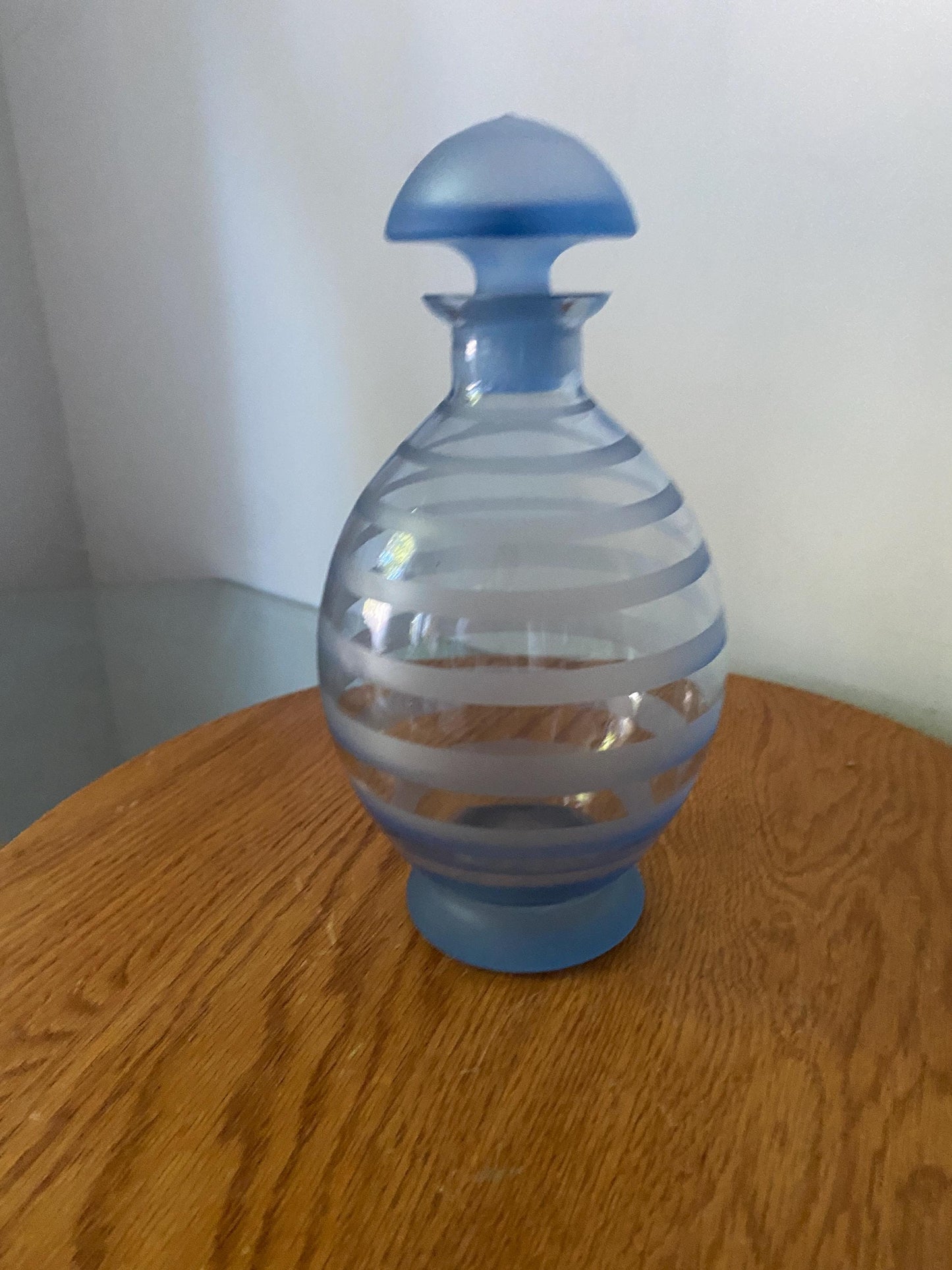 Small Vintage Frosted Light Blue Glass Decanter with Stripes