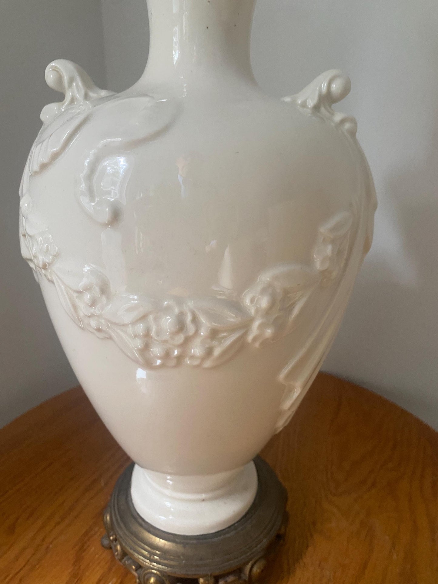Antique Cream Ceramic Lamp with Brass Base No Shade Included