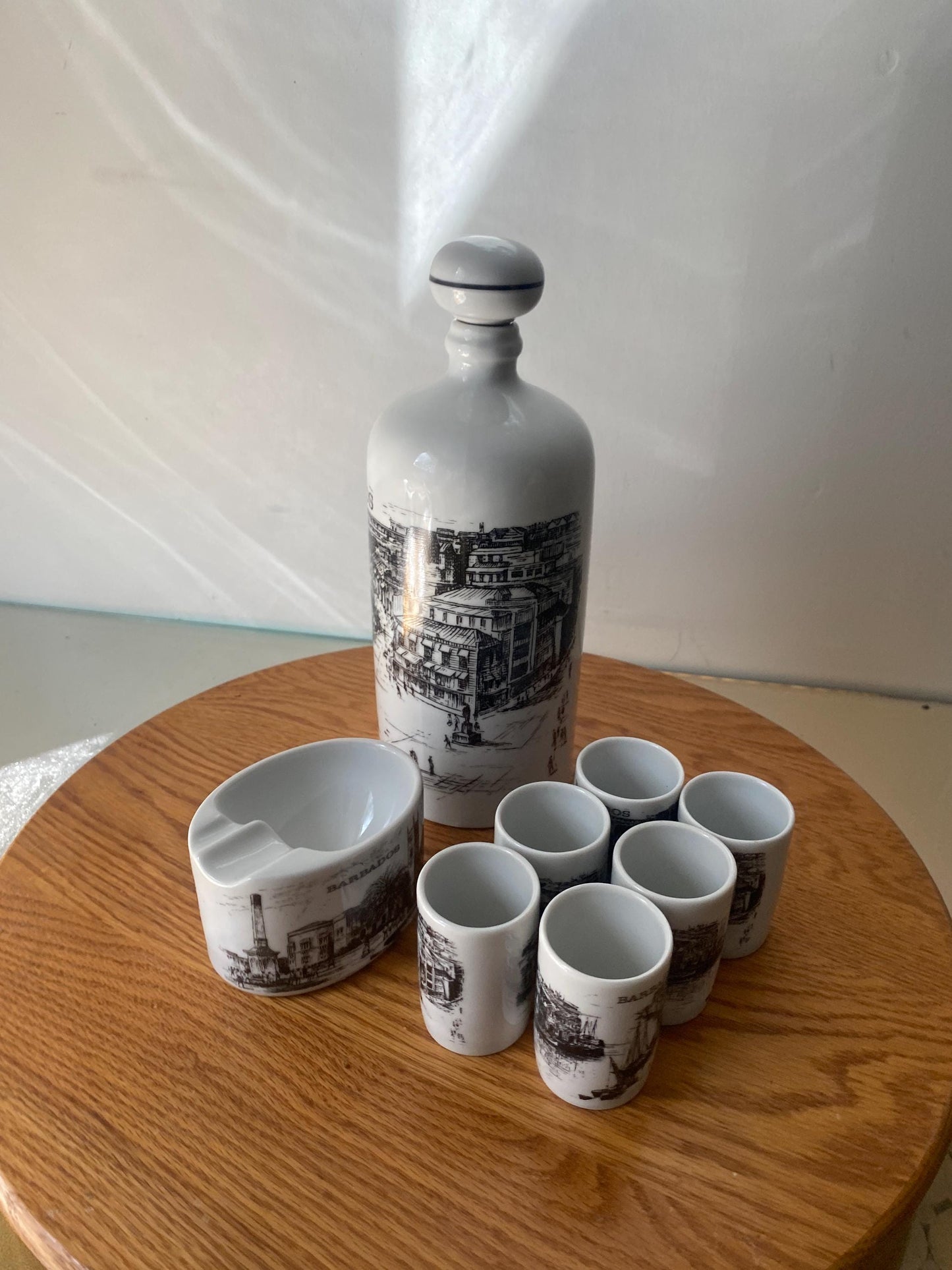 Vintage Black and White Barbados Ceramic Decanter with 6 Shot Glasses and Ashtray