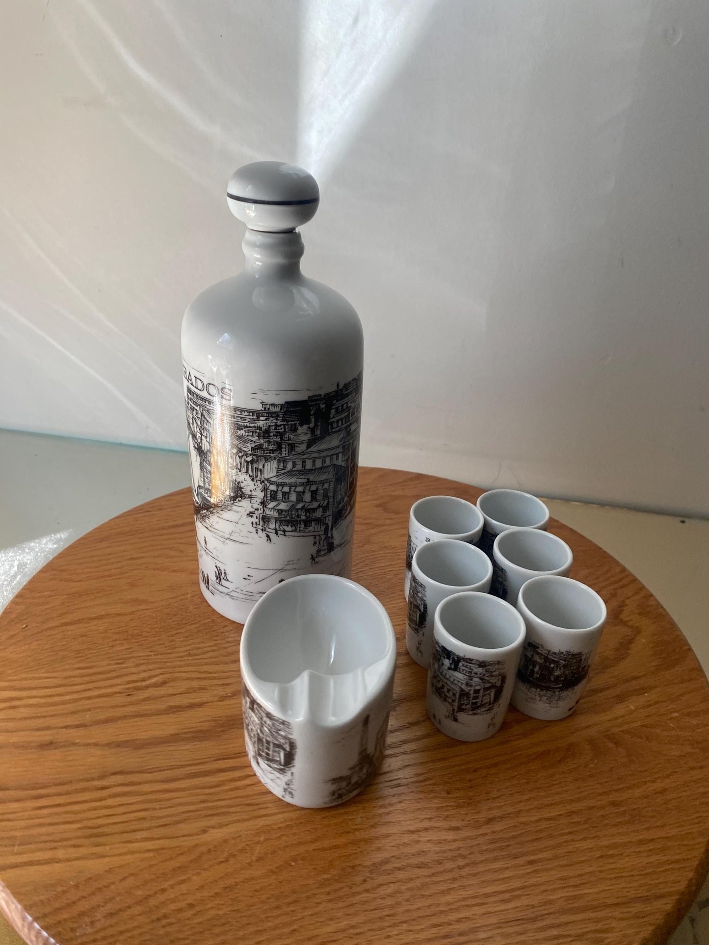 Vintage Black and White Barbados Ceramic Decanter with 6 Shot Glasses and Ashtray