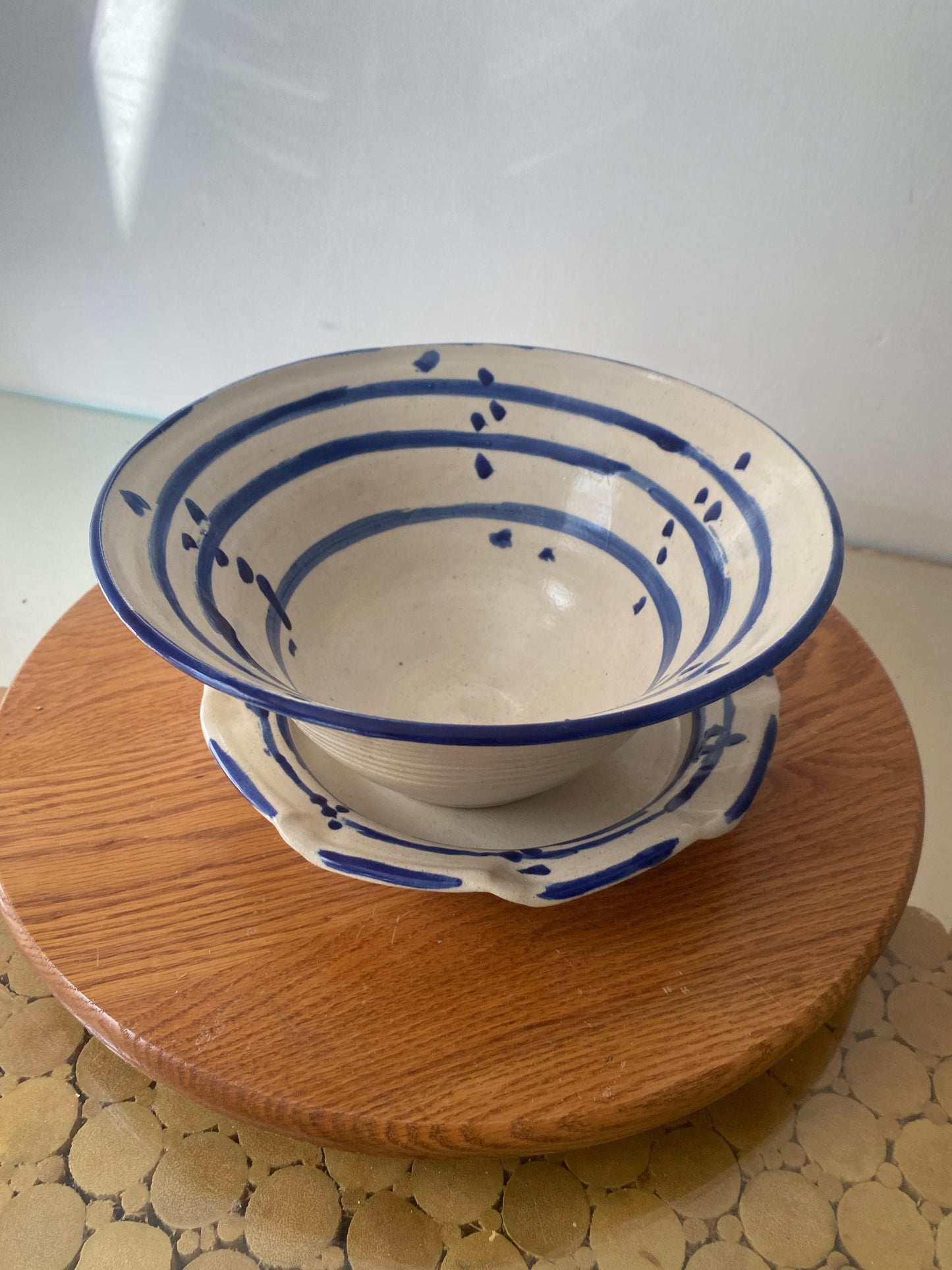 Pair of Studio Pottery Cobalt Blue Detail Bowl & Plate Set