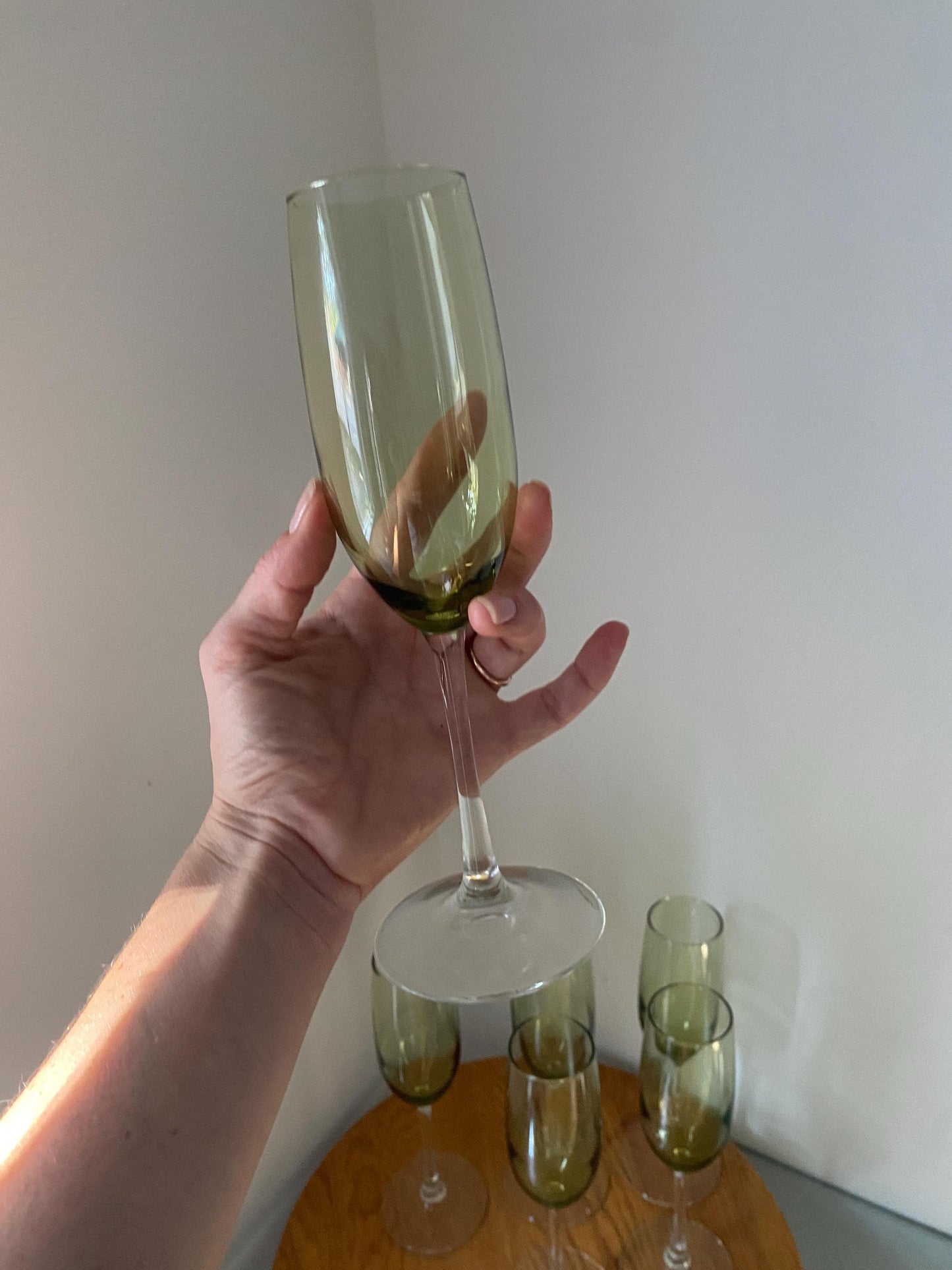 Vintage Set of 6 Olive Green Glass Bowl Champagne Flutes with Clear Stems