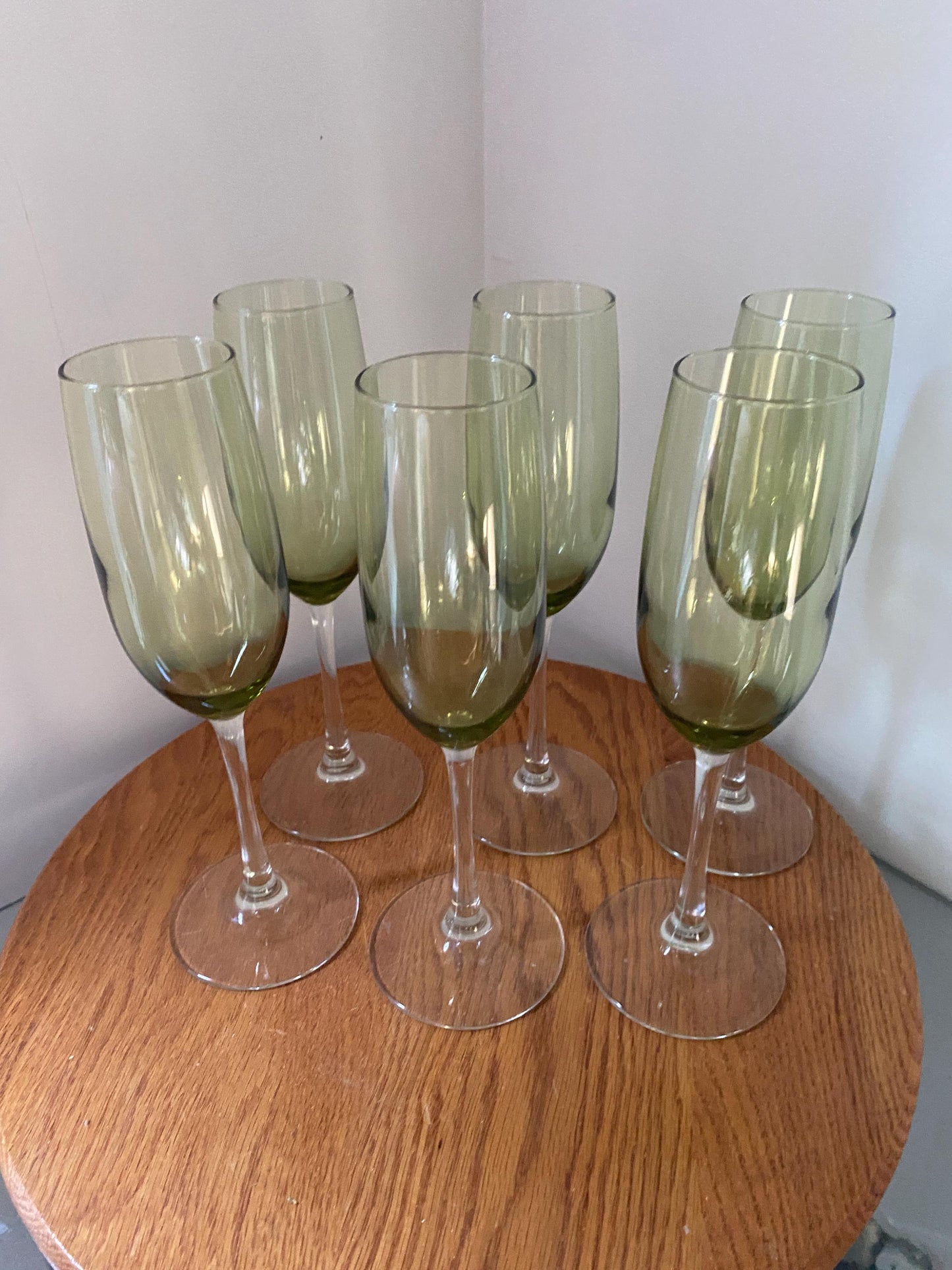 Vintage Set of 6 Olive Green Glass Bowl Champagne Flutes with Clear Stems