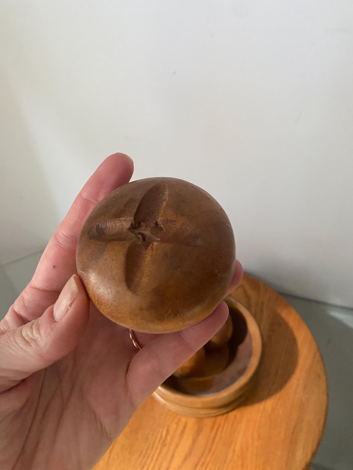 MCM Set of 4 Natural Carved Wooden Fruit in Wood Bowl