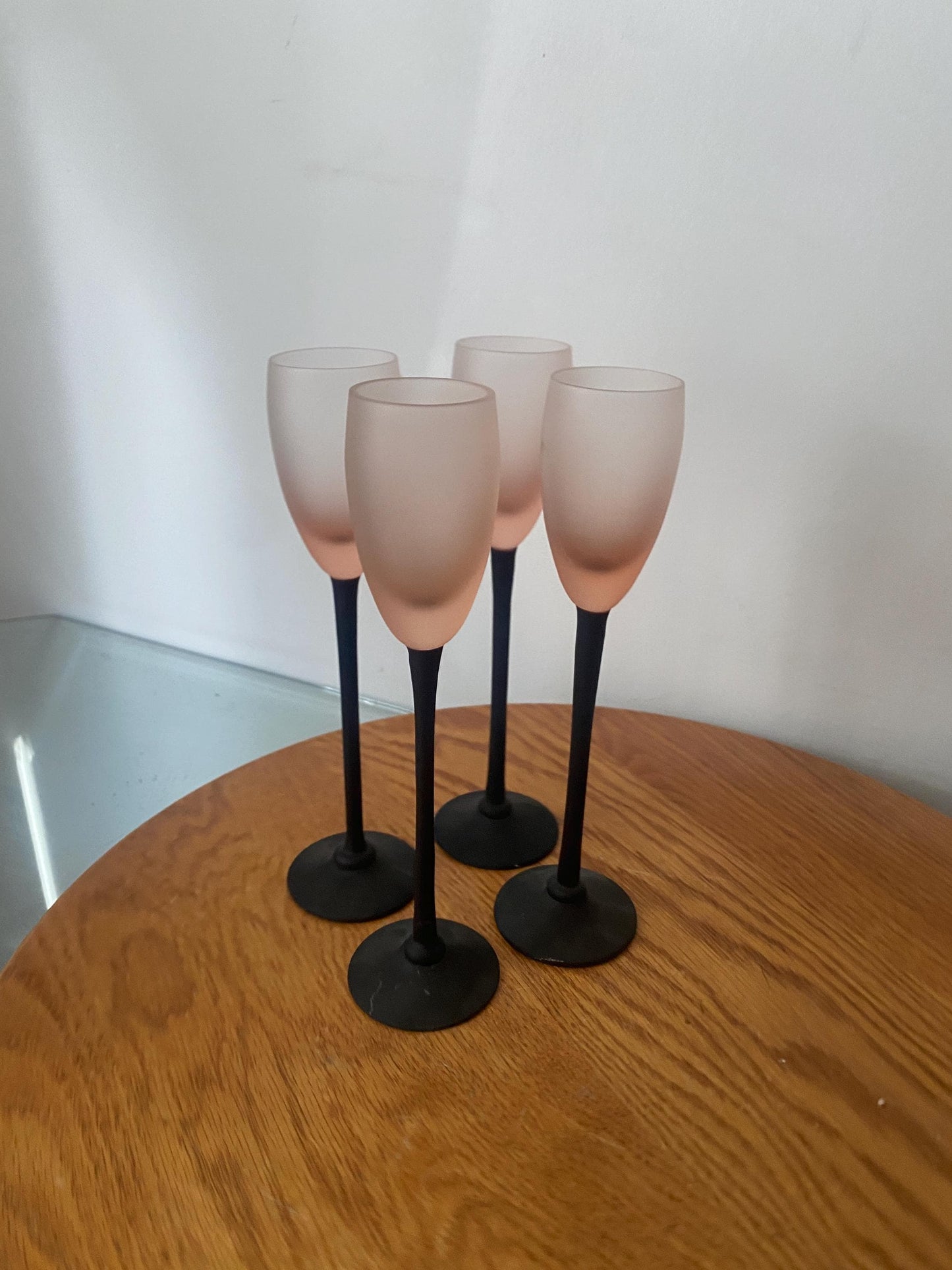 Vintage Set of 4 Gemin Trudeau Tall Frosted Black Stem Liqueur Glasses with Pink Bowl Made in Canada