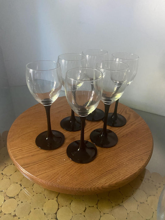 Set of 6 Retro Luminarc Black Stem White Wine Glasses Made in France 6 oz