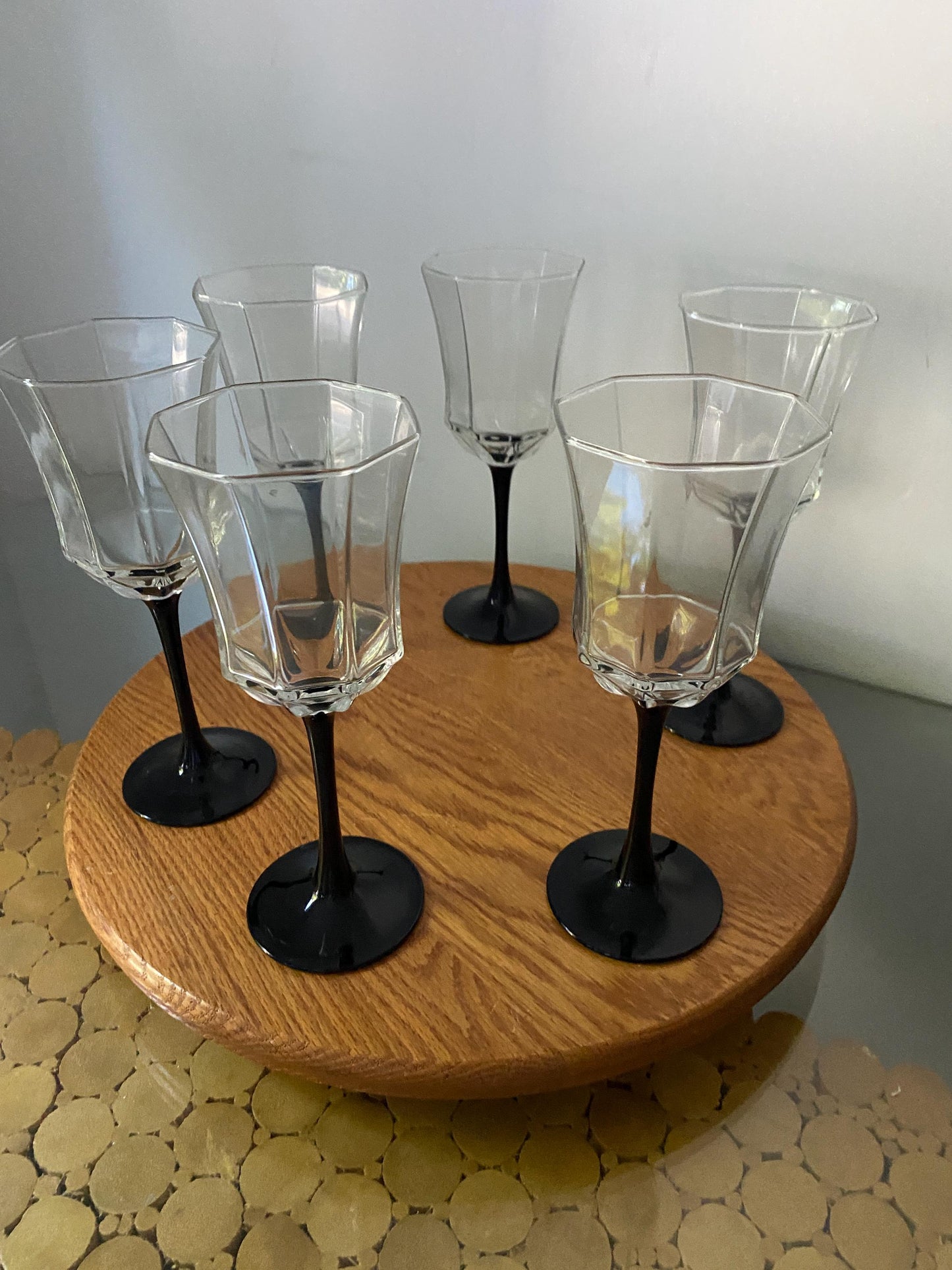 Vintage Set of 6 Black Stem Wine Glasses