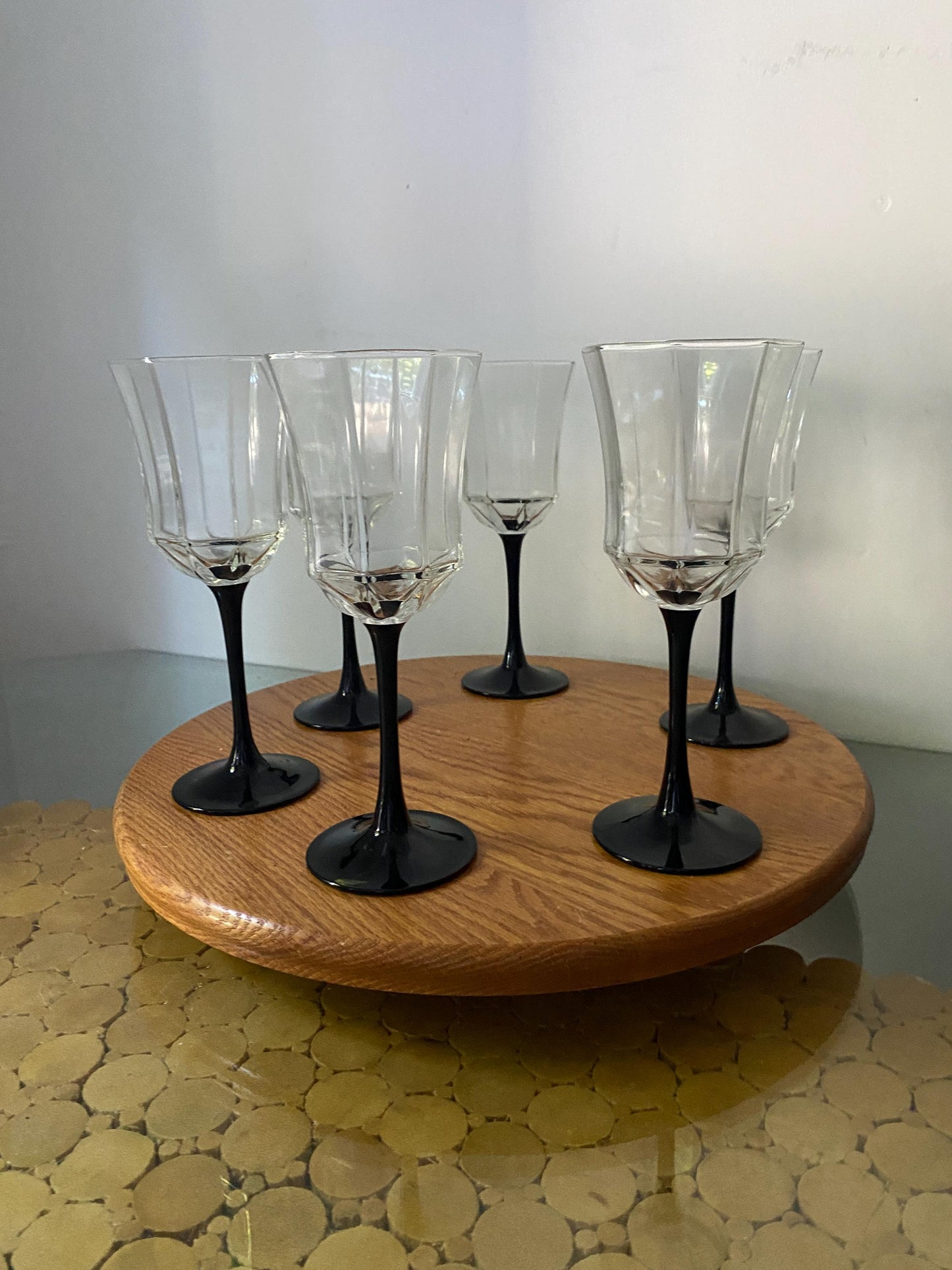 Vintage Set of 6 Black Stem Wine Glasses