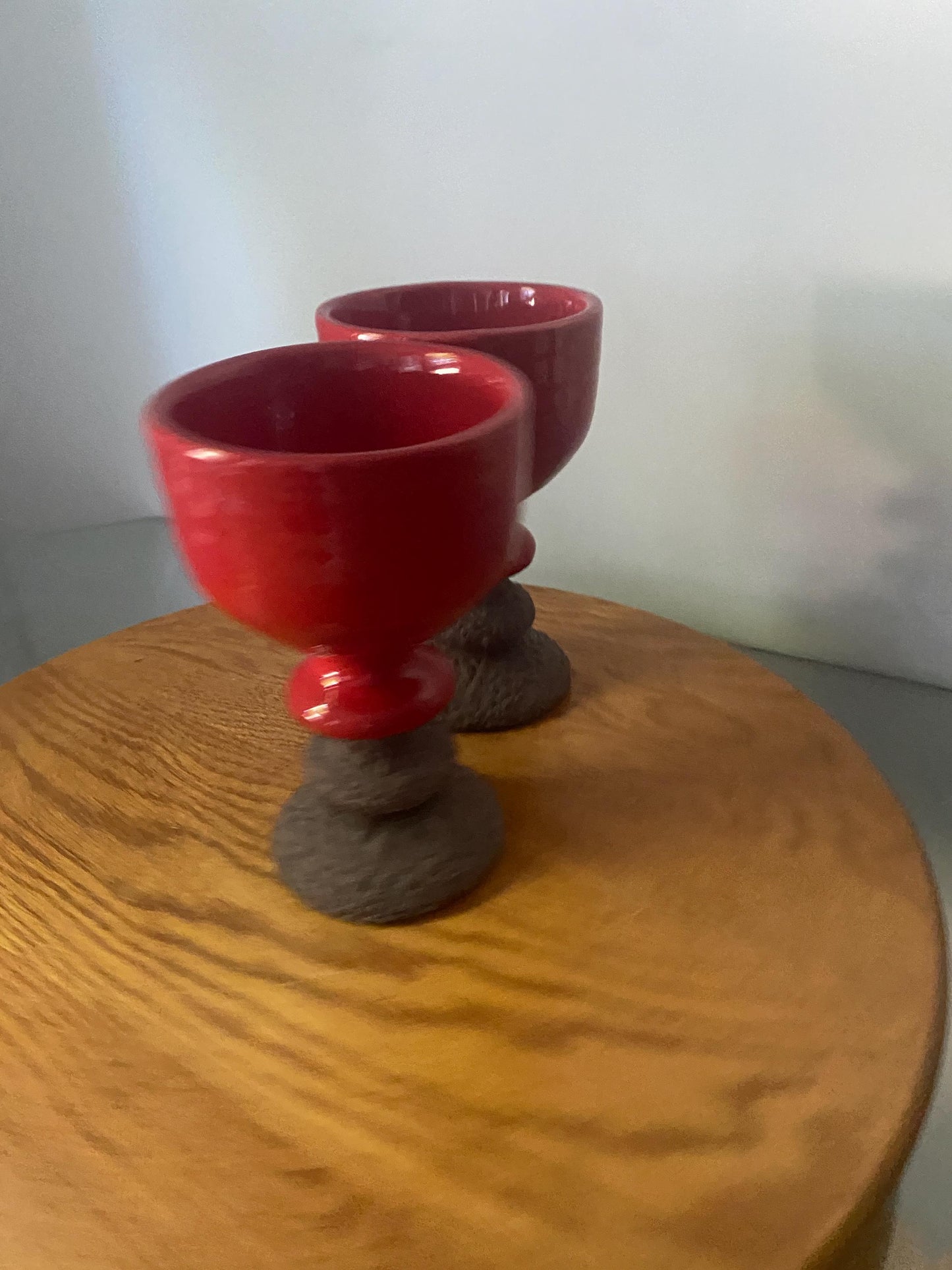 Set of 2 Handmade Vintage Bright Red Pottery Goblets Brown Lava Glaze Base