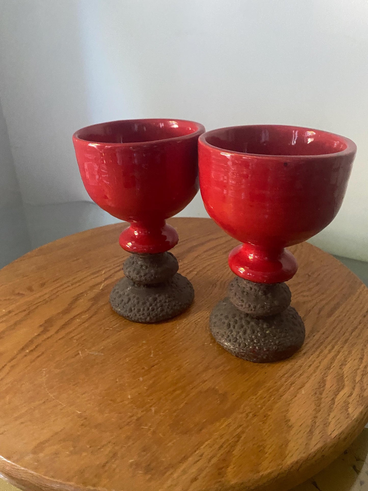 Set of 2 Handmade Vintage Bright Red Pottery Goblets Brown Lava Glaze Base
