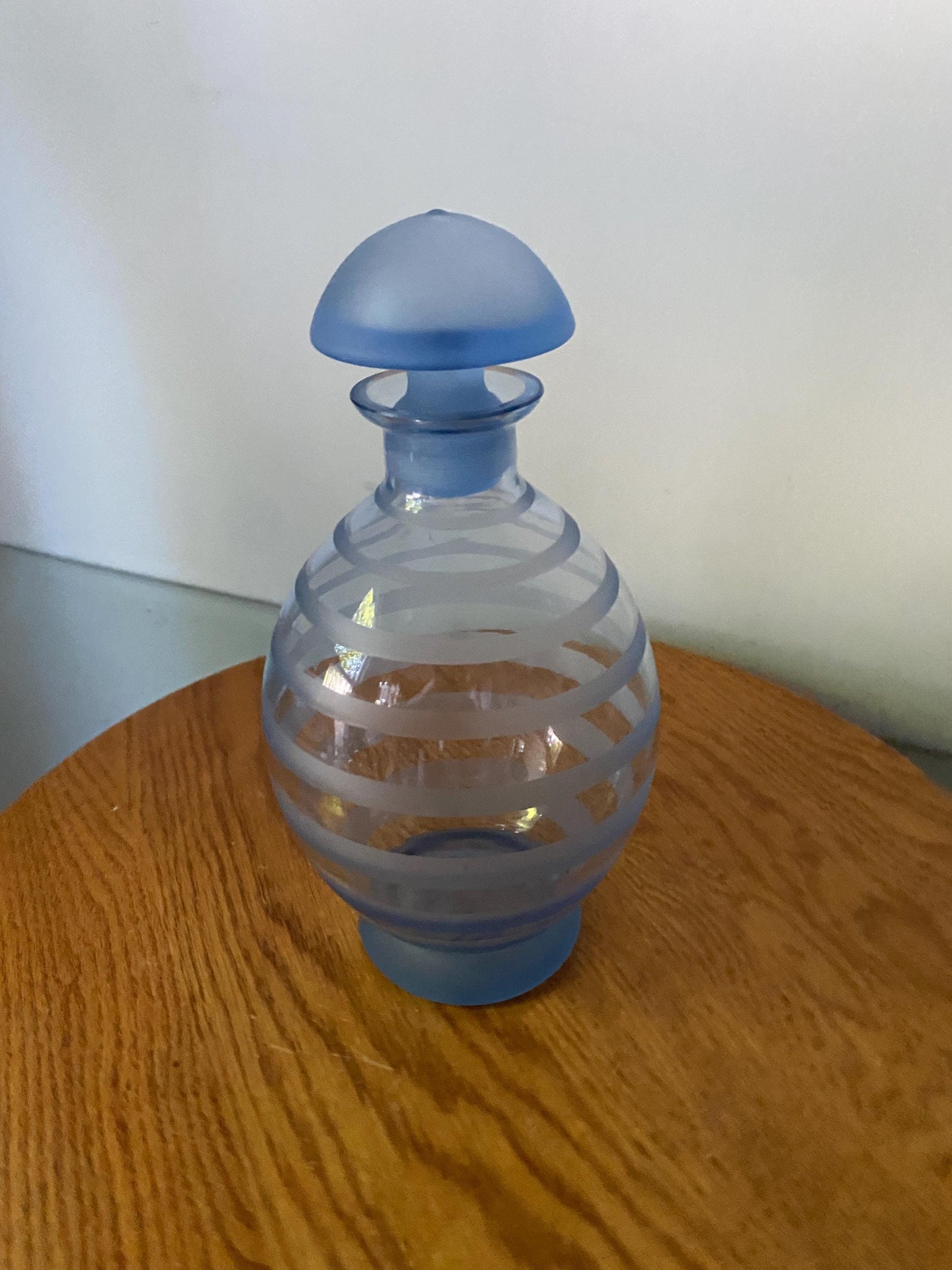Small Vintage Frosted Light Blue Glass Decanter with Stripes