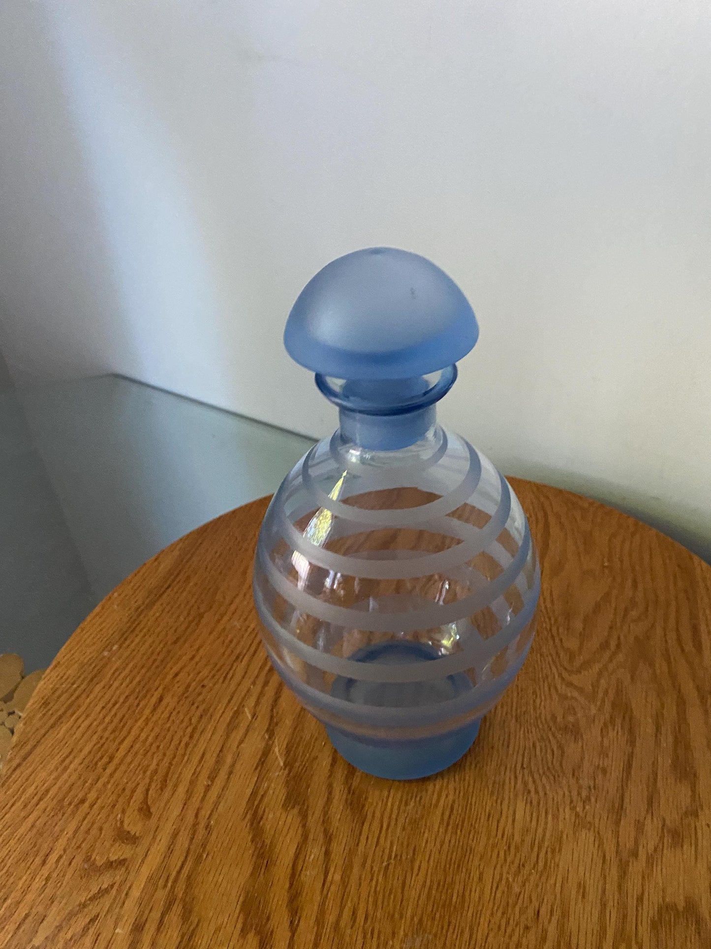 Small Vintage Frosted Light Blue Glass Decanter with Stripes