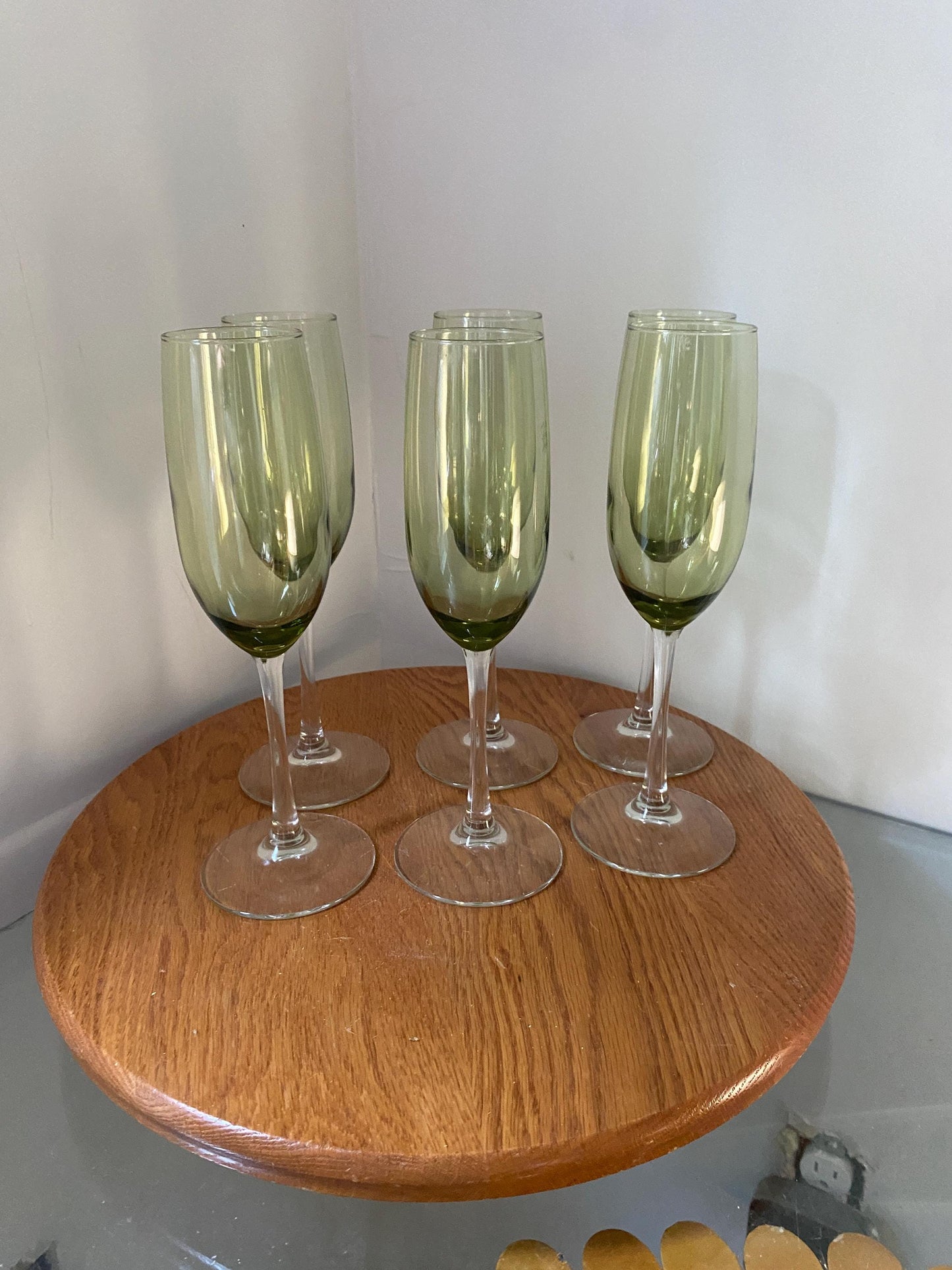 Vintage Set of 6 Olive Green Glass Bowl Champagne Flutes with Clear Stems