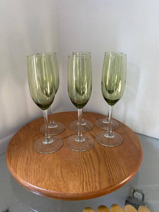 Vintage Set of 6 Olive Green Glass Bowl Champagne Flutes with Clear Stems